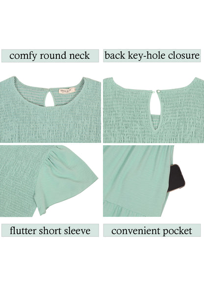 Anna-Kaci Women's Plus Size Casual Round Neck Flutter Short Sleeve Elastic Waist Smocked Tiered Maxi Dress