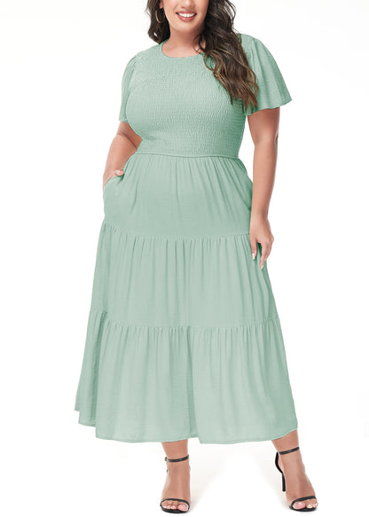 Anna-Kaci Women's Plus Size Casual Round Neck Flutter Short Sleeve Elastic Waist Smocked Tiered Maxi Dress