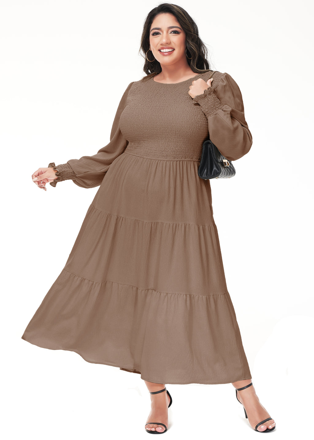 Vestido midi holgado con cuello redondo y mangas largas con frunces estilo poeta informal de talla grande para mujer de Anna-Kaci