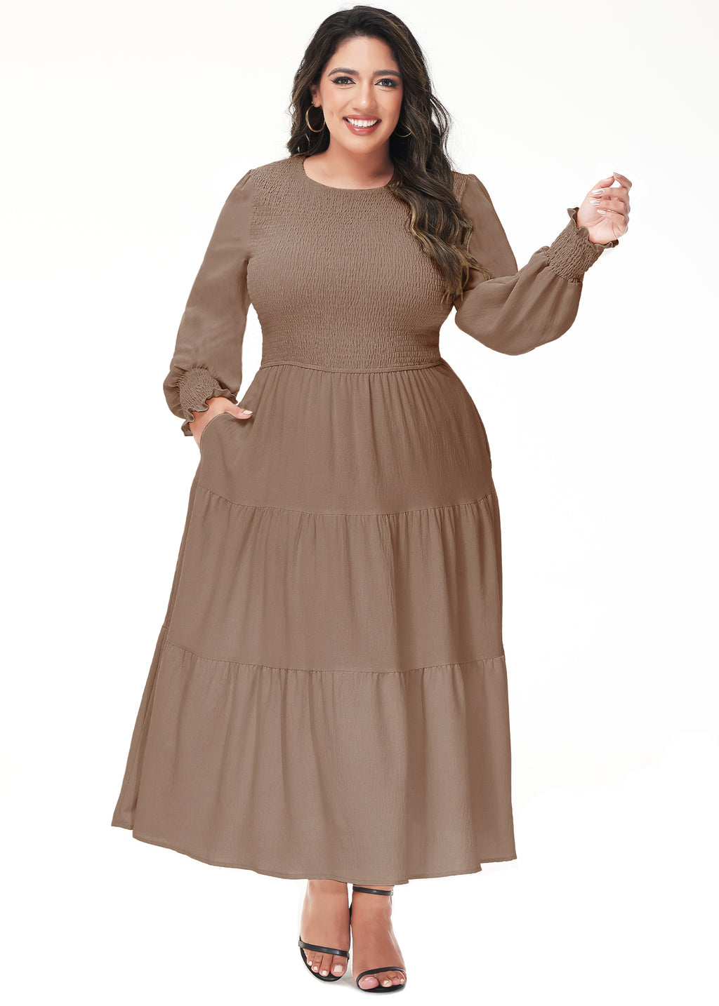Vestido midi holgado con cuello redondo y mangas largas con frunces estilo poeta informal de talla grande para mujer de Anna-Kaci