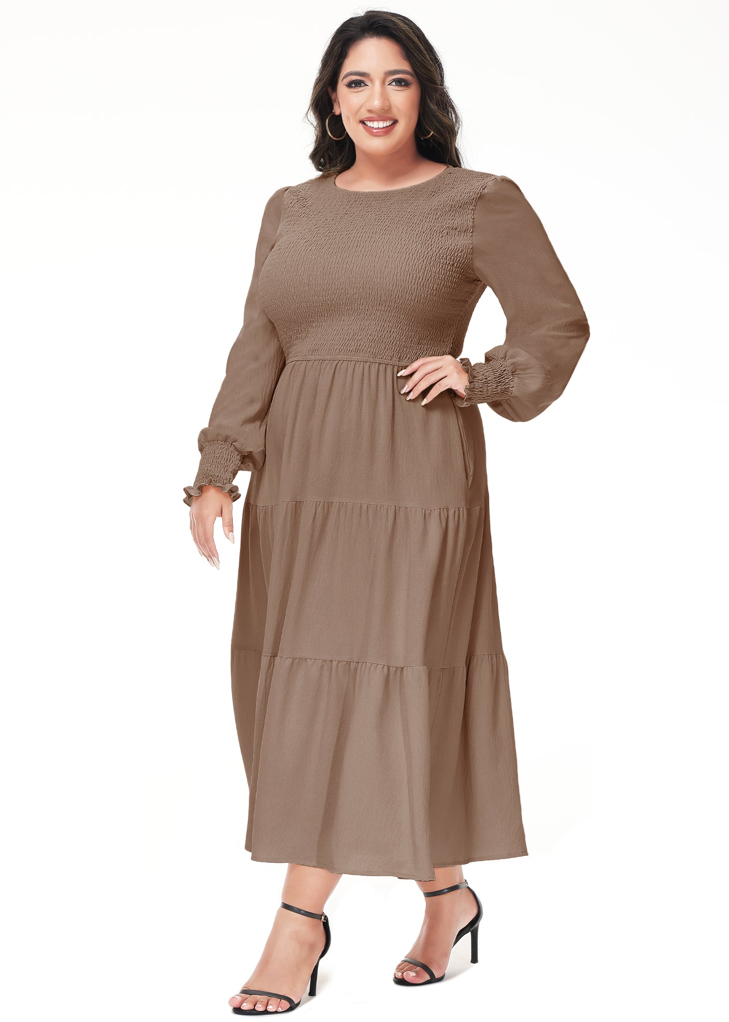Vestido midi holgado con cuello redondo y mangas largas con frunces estilo poeta informal de talla grande para mujer de Anna-Kaci