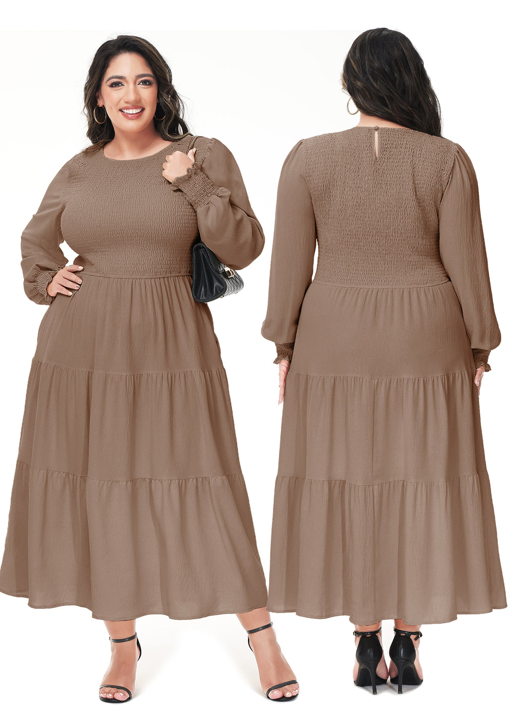 Vestido midi holgado con cuello redondo y mangas largas con frunces estilo poeta informal de talla grande para mujer de Anna-Kaci