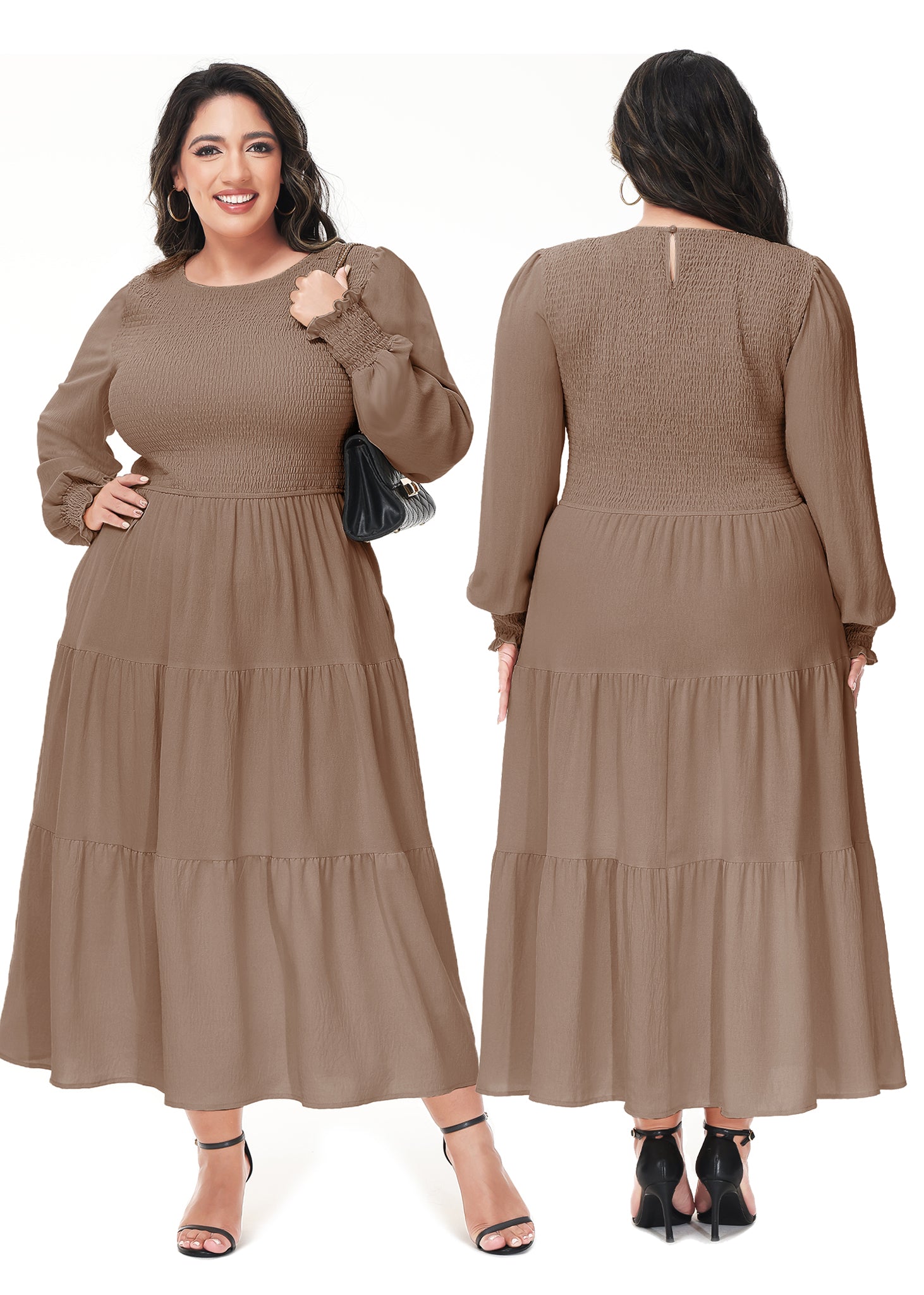 Vestido midi holgado con cuello redondo y mangas largas con frunces estilo poeta informal de talla grande para mujer de Anna-Kaci