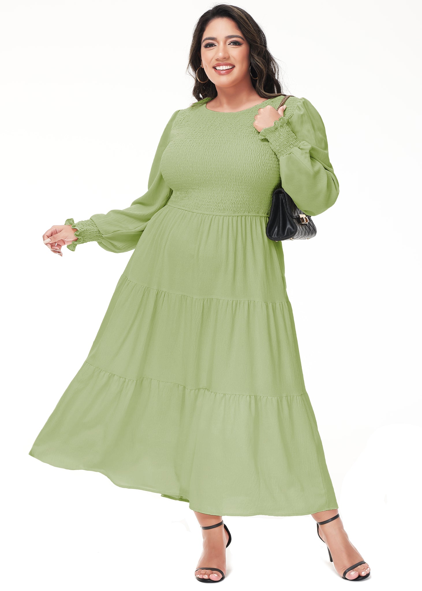 Vestido midi holgado con cuello redondo y mangas largas con frunces estilo poeta informal de talla grande para mujer de Anna-Kaci