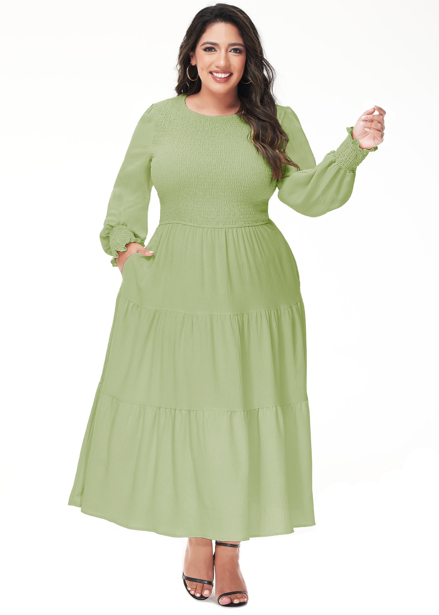 Vestido midi holgado con cuello redondo y mangas largas con frunces estilo poeta informal de talla grande para mujer de Anna-Kaci