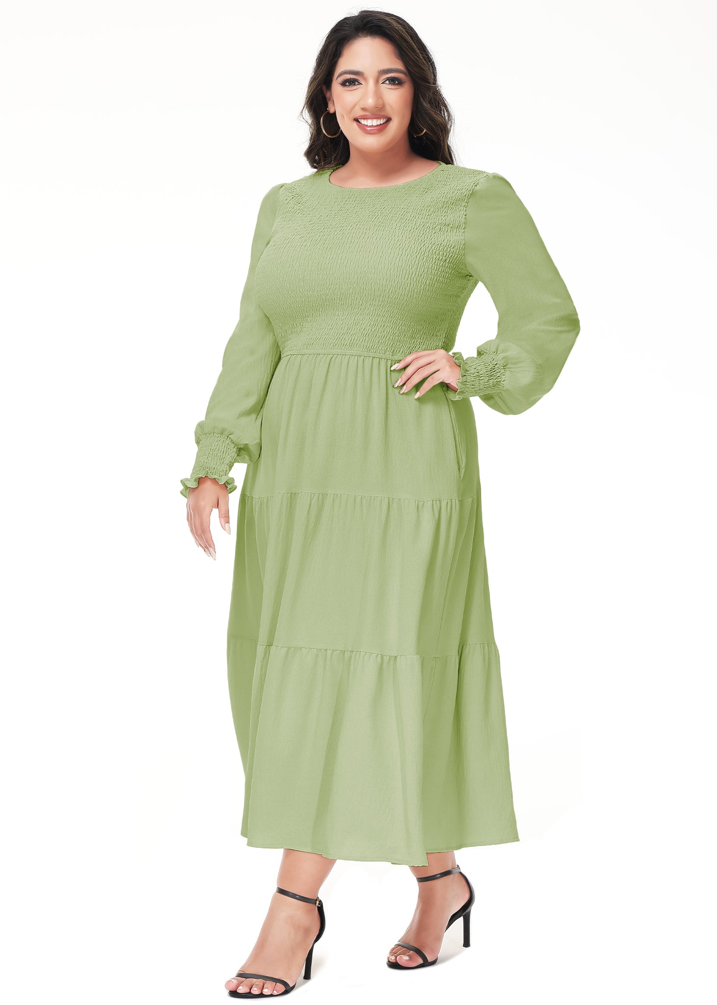 Vestido midi holgado con cuello redondo y mangas largas con frunces estilo poeta informal de talla grande para mujer de Anna-Kaci