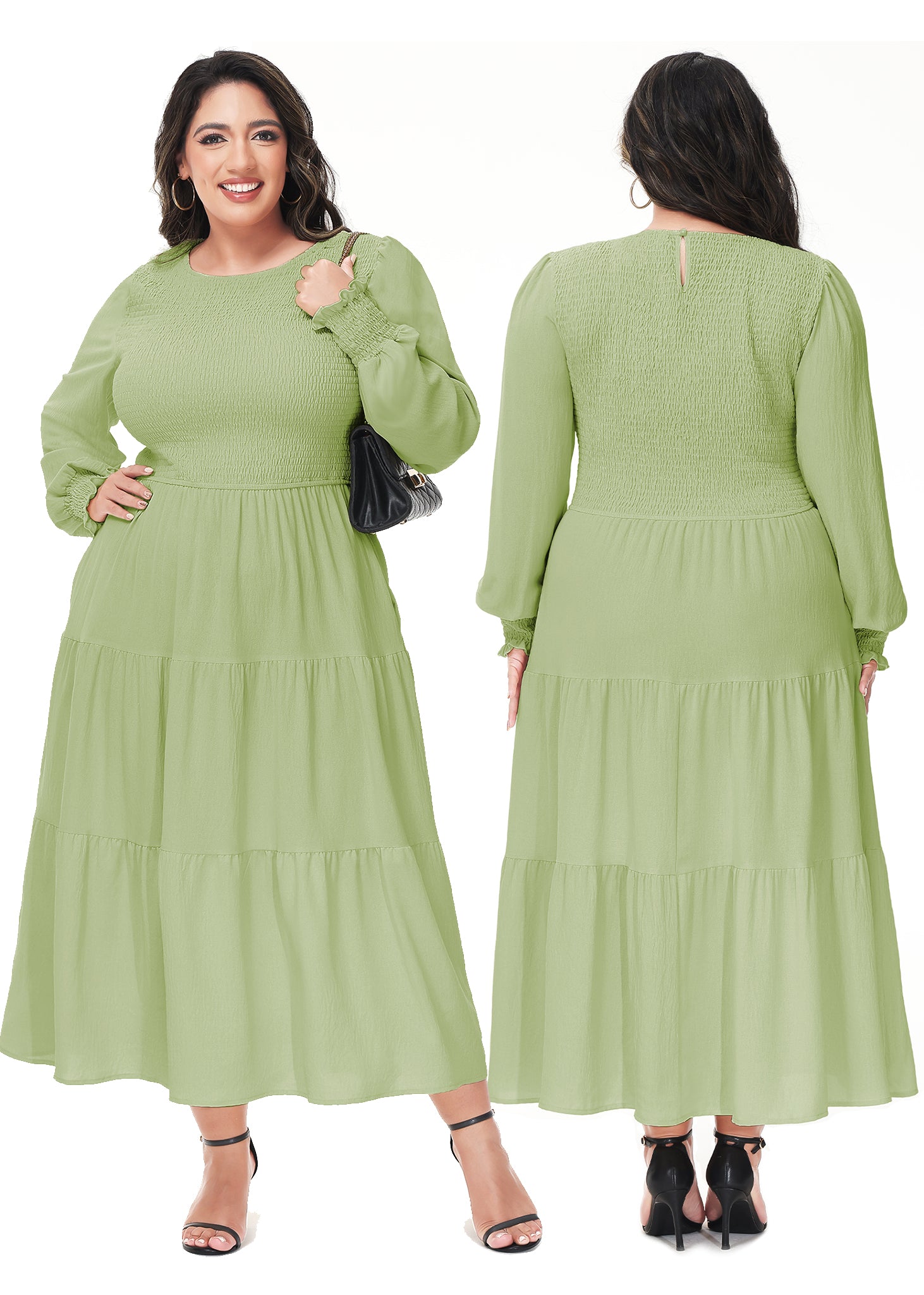 Vestido midi holgado con cuello redondo y mangas largas con frunces estilo poeta informal de talla grande para mujer de Anna-Kaci