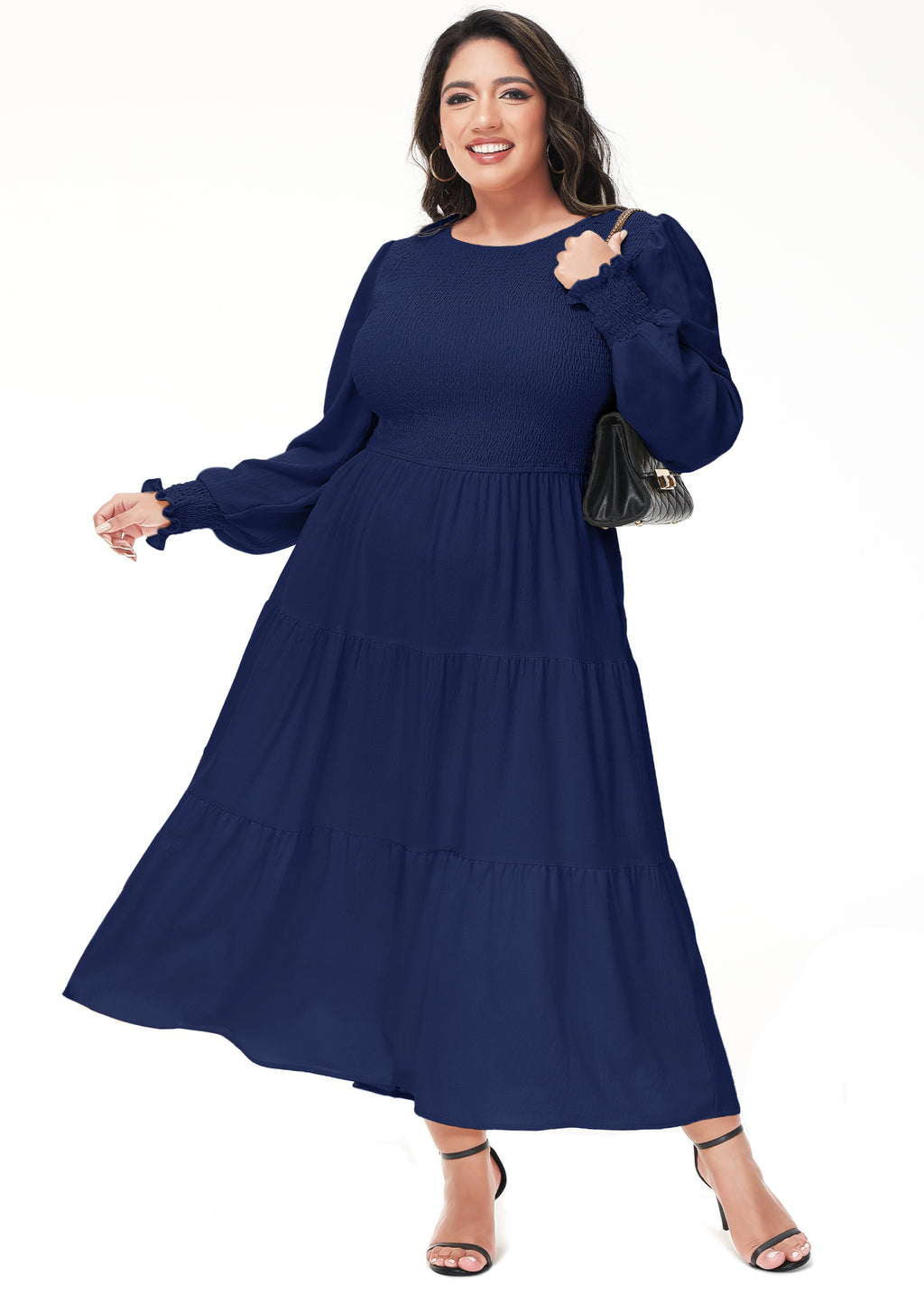 Vestido midi holgado con cuello redondo y mangas largas con frunces estilo poeta informal de talla grande para mujer de Anna-Kaci