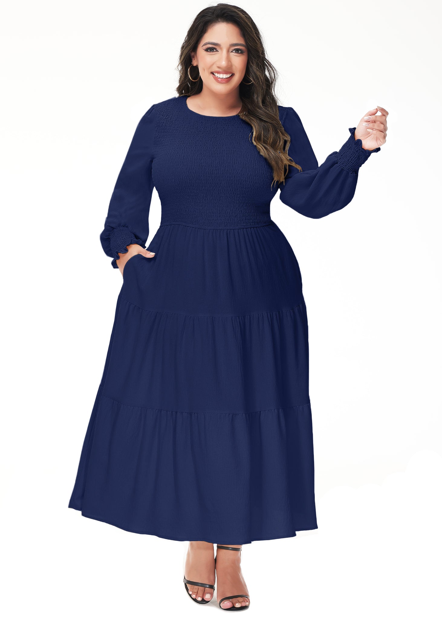 Vestido midi holgado con cuello redondo y mangas largas con frunces estilo poeta informal de talla grande para mujer de Anna-Kaci