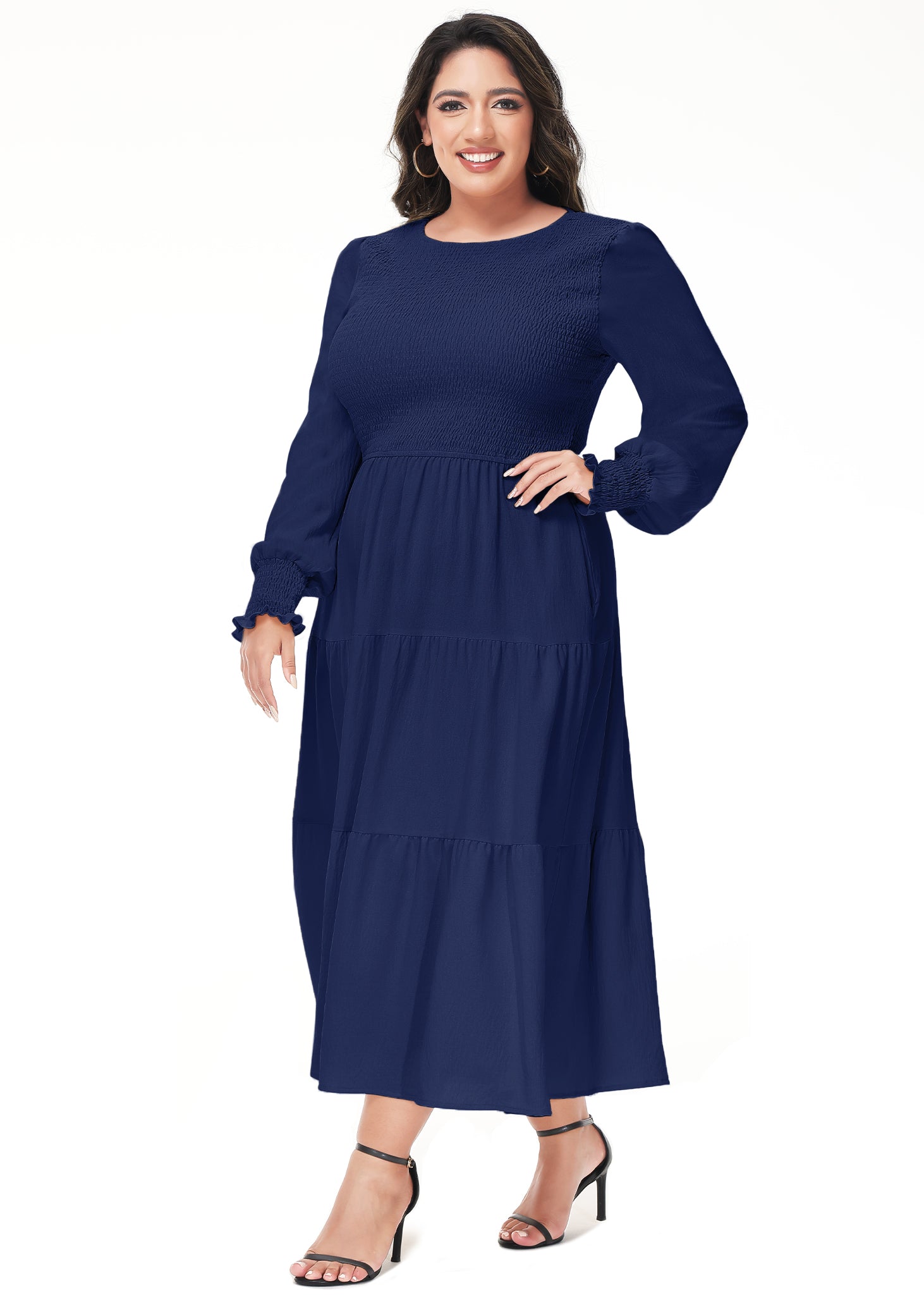 Vestido midi holgado con cuello redondo y mangas largas con frunces estilo poeta informal de talla grande para mujer de Anna-Kaci