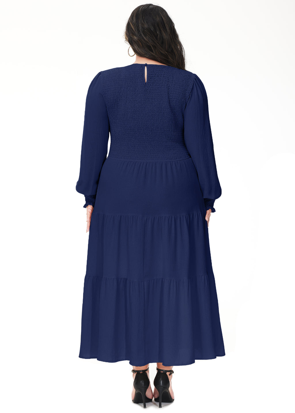 Vestido midi holgado con cuello redondo y mangas largas con frunces estilo poeta informal de talla grande para mujer de Anna-Kaci