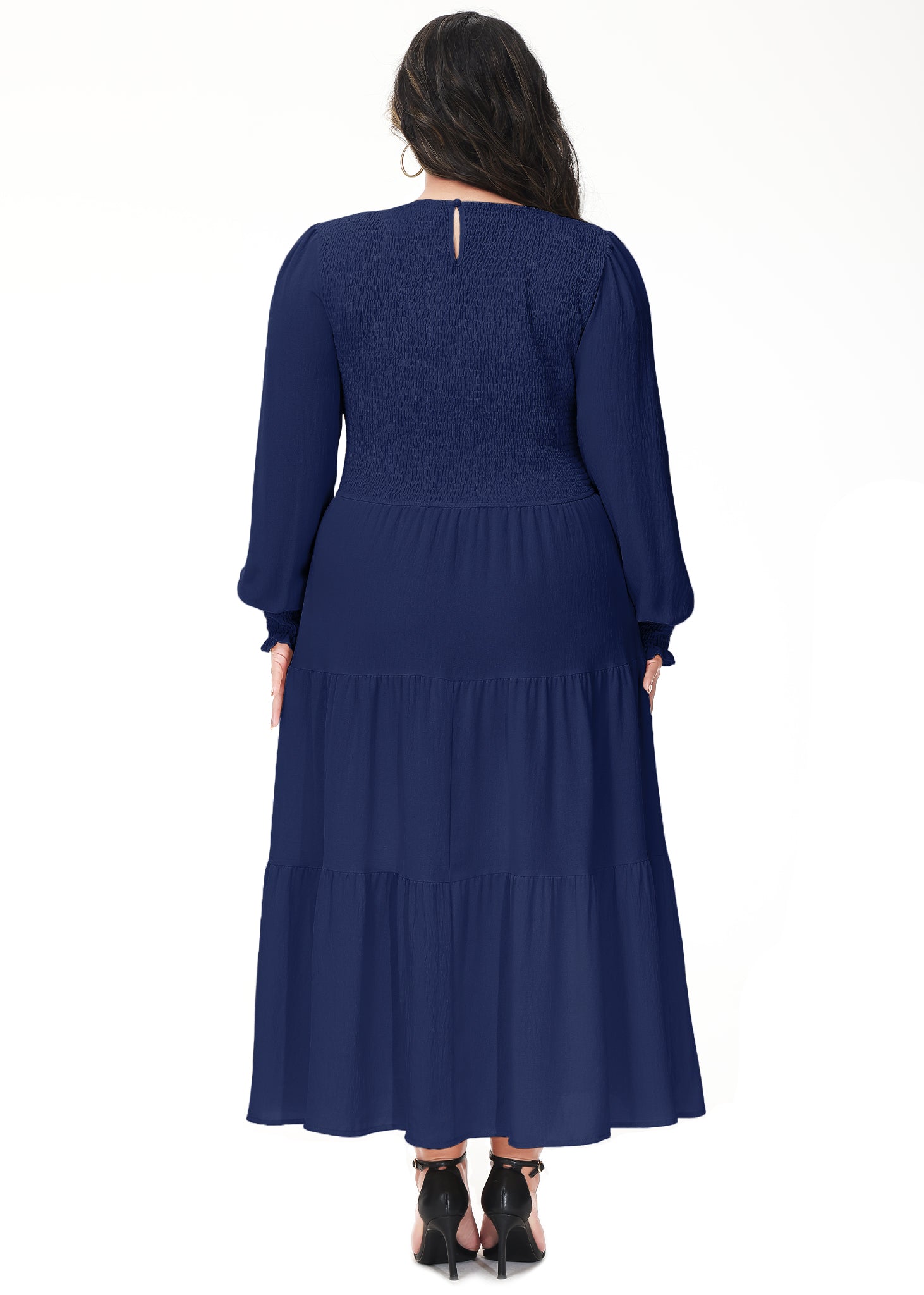 Vestido midi holgado con cuello redondo y mangas largas con frunces estilo poeta informal de talla grande para mujer de Anna-Kaci