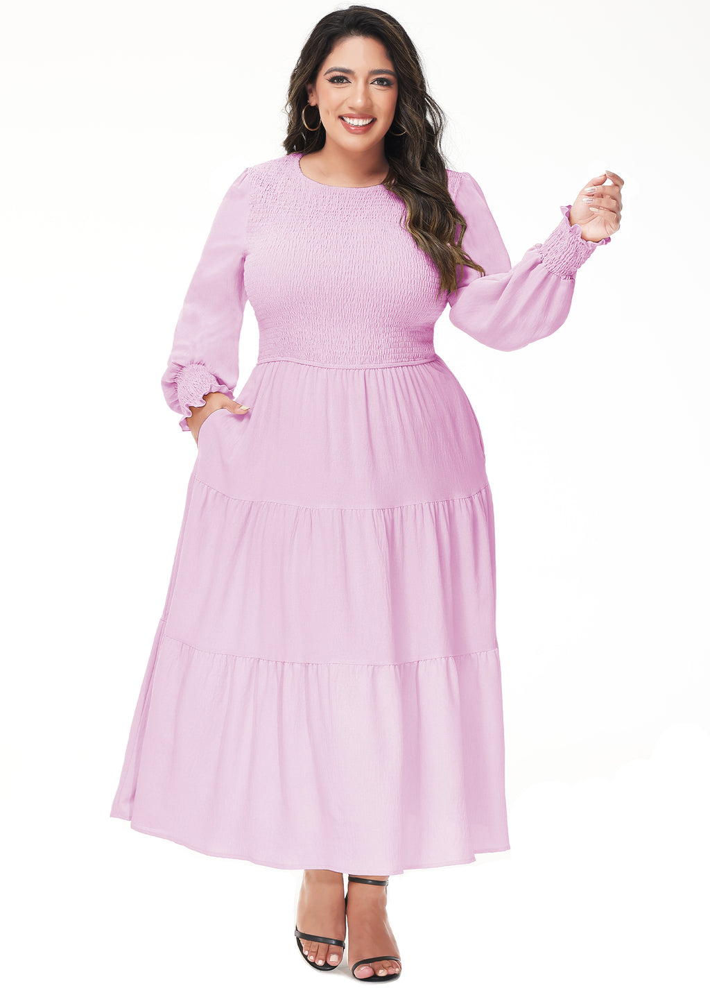 Vestido midi holgado con cuello redondo y mangas largas con frunces estilo poeta informal de talla grande para mujer de Anna-Kaci