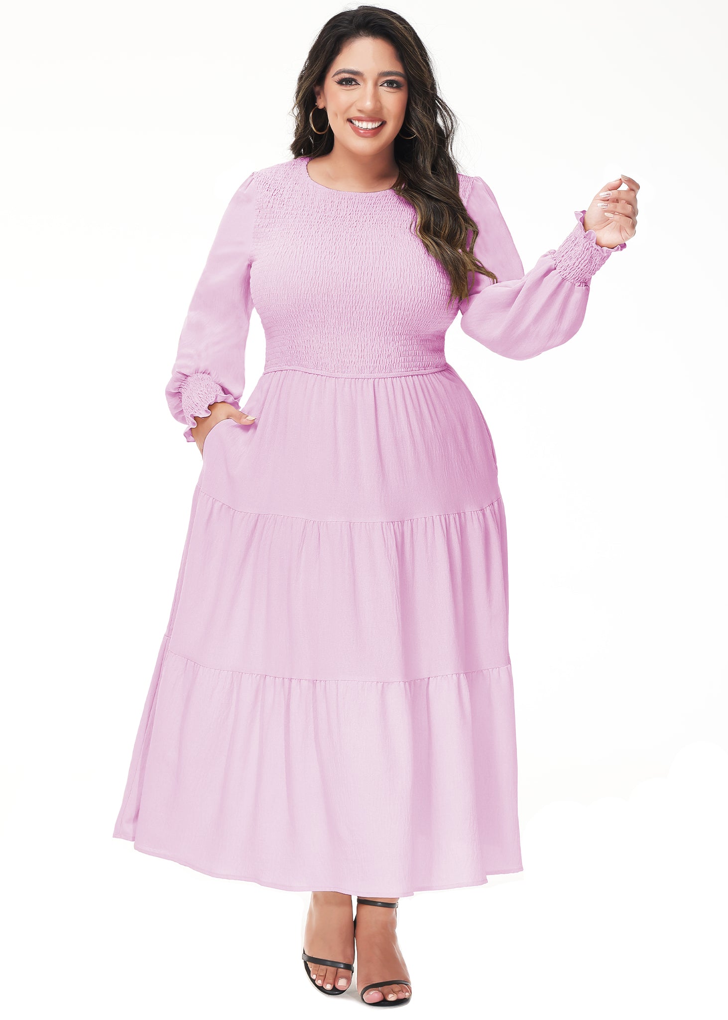 Vestido midi holgado con cuello redondo y mangas largas con frunces estilo poeta informal de talla grande para mujer de Anna-Kaci