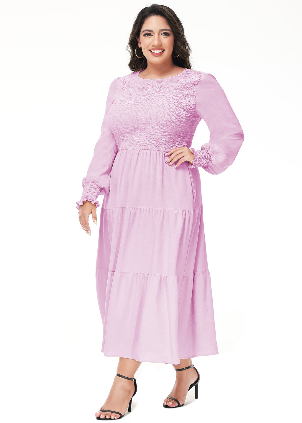 Vestido midi holgado con cuello redondo y mangas largas con frunces estilo poeta informal de talla grande para mujer de Anna-Kaci