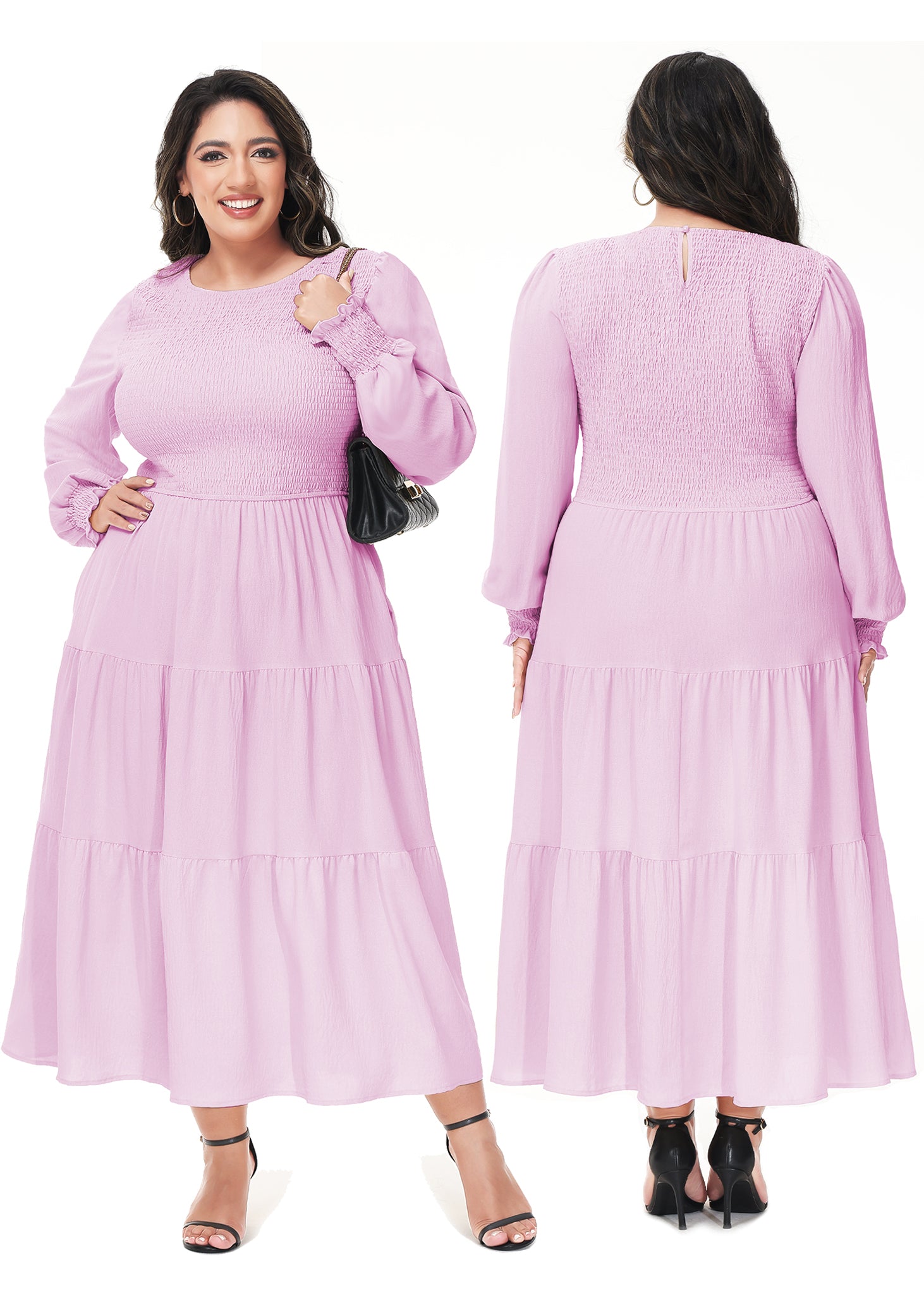Vestido midi holgado con cuello redondo y mangas largas con frunces estilo poeta informal de talla grande para mujer de Anna-Kaci