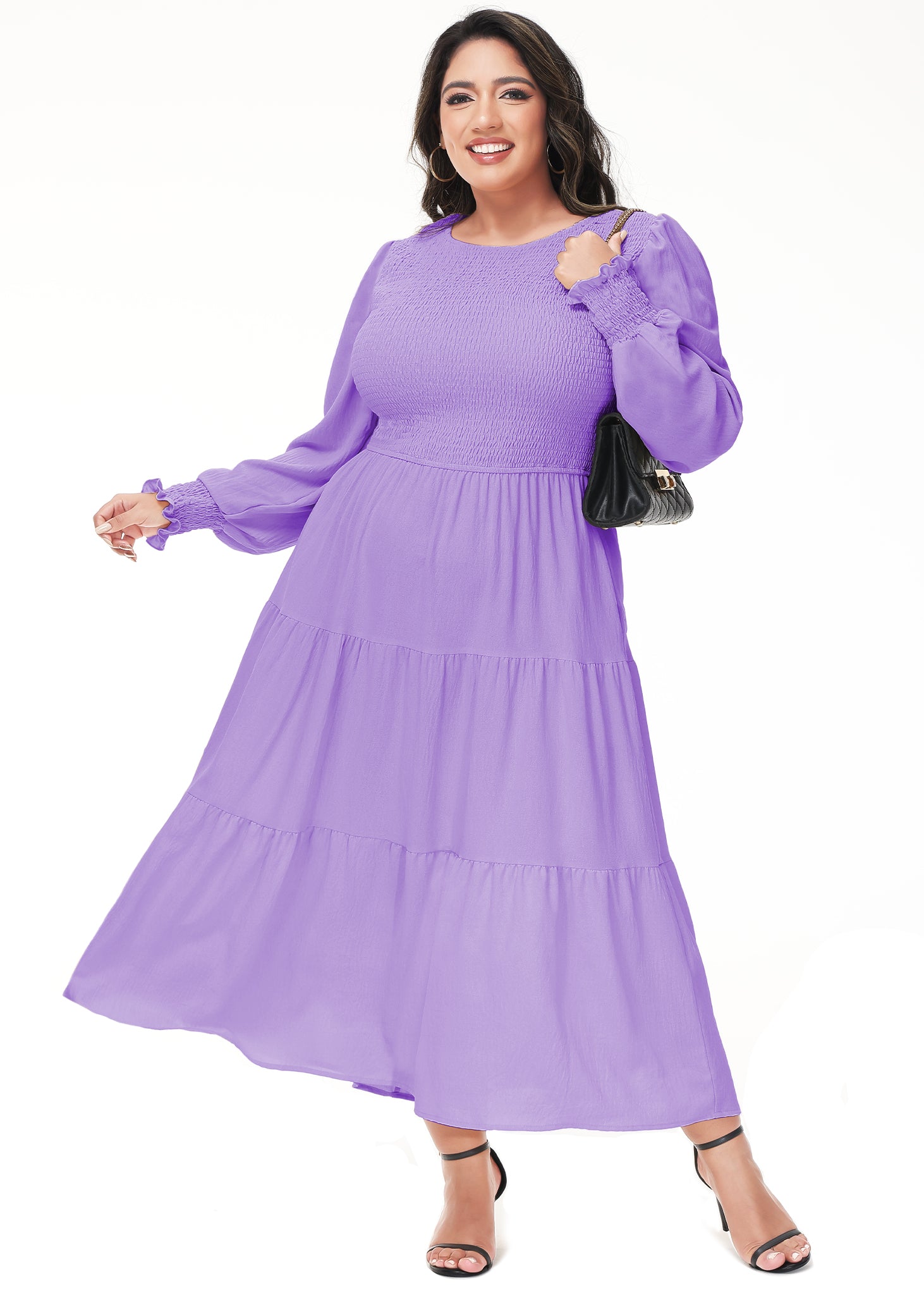 Vestido midi holgado con cuello redondo y mangas largas con frunces estilo poeta informal de talla grande para mujer de Anna-Kaci