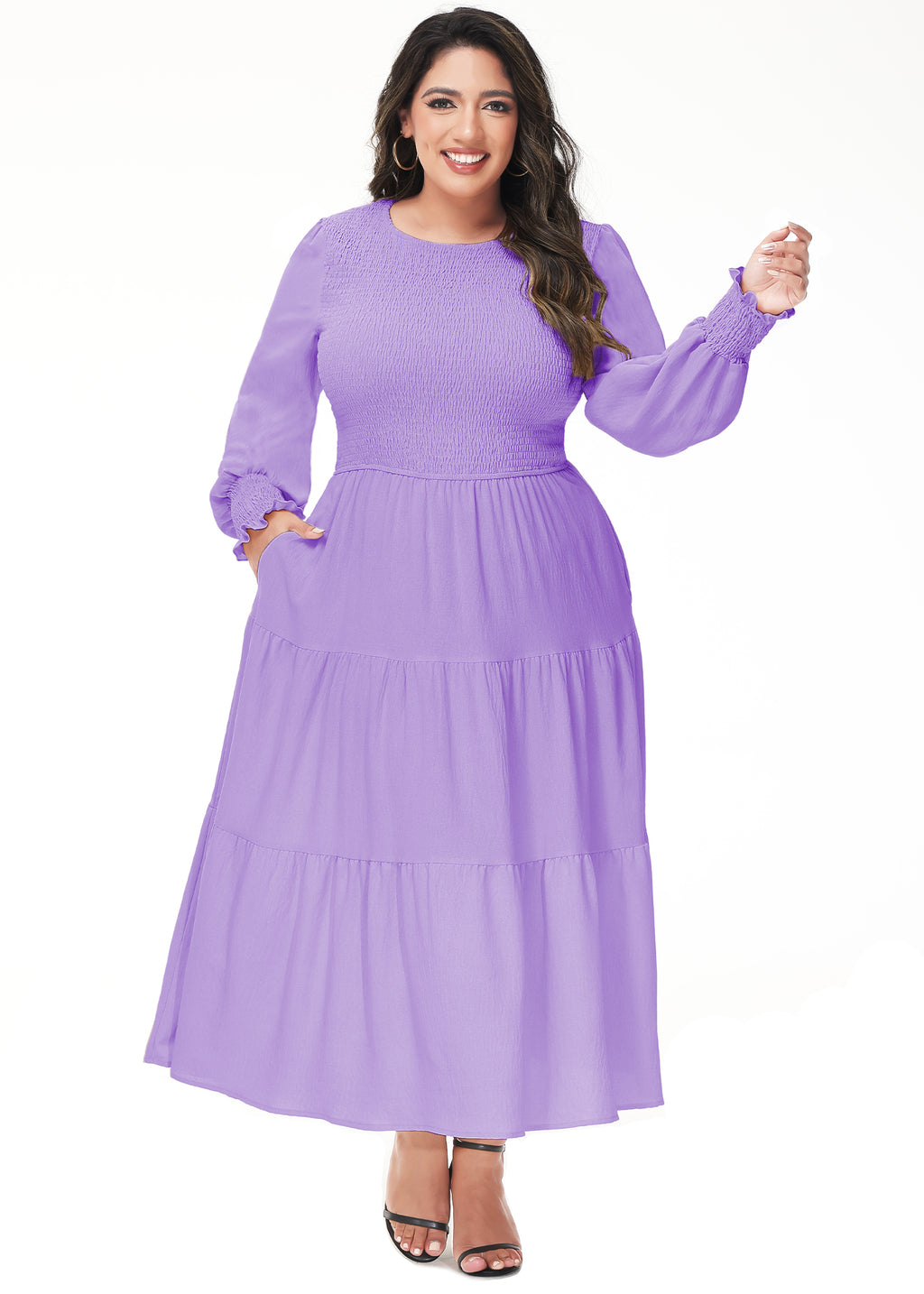 Vestido midi holgado con cuello redondo y mangas largas con frunces estilo poeta informal de talla grande para mujer de Anna-Kaci