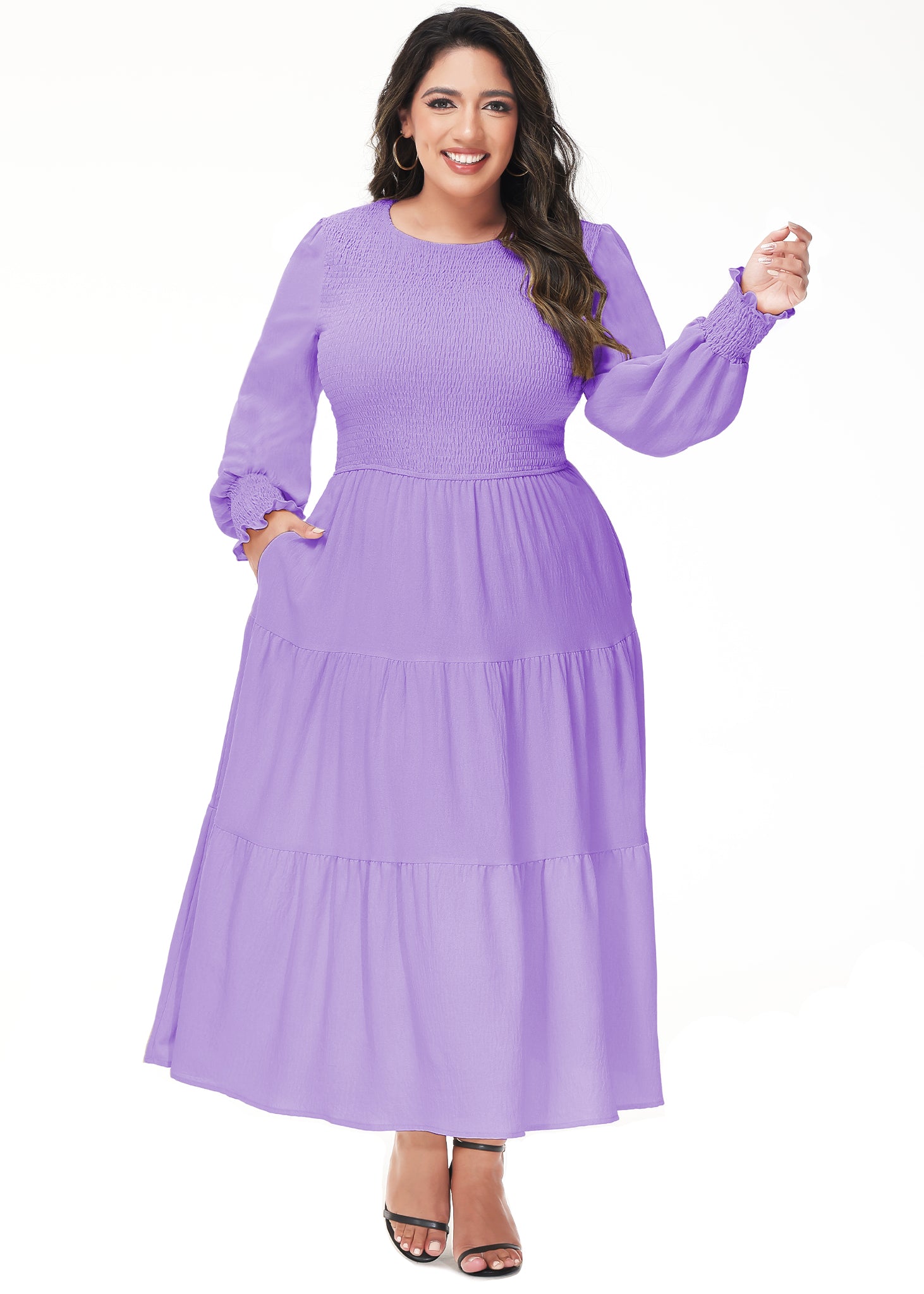 Vestido midi holgado con cuello redondo y mangas largas con frunces estilo poeta informal de talla grande para mujer de Anna-Kaci