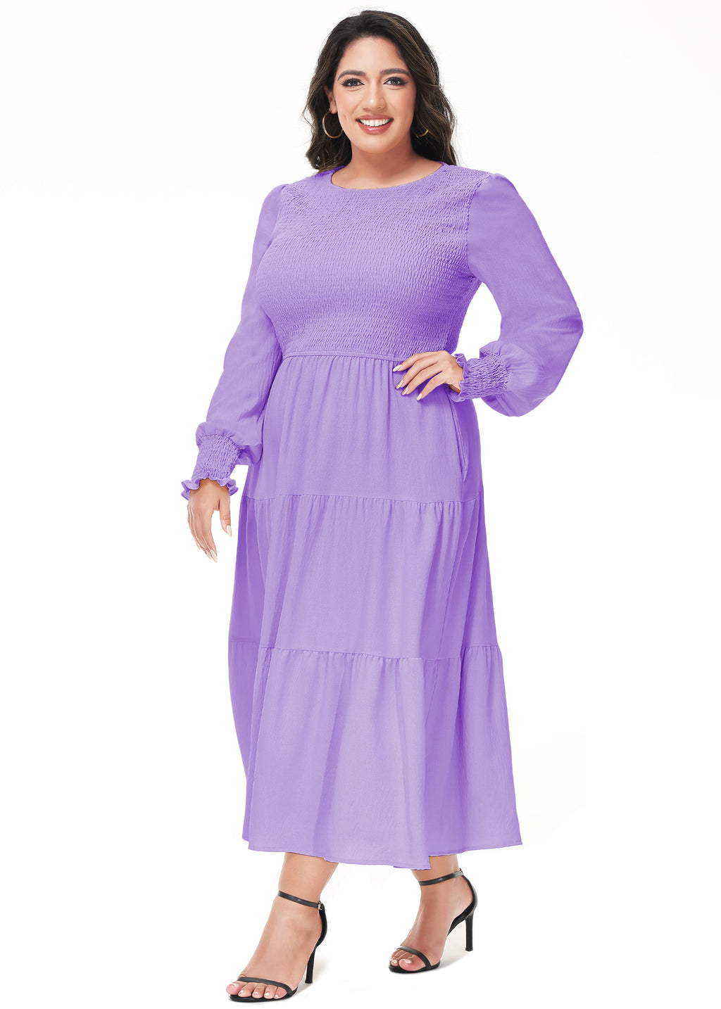 Vestido midi holgado con cuello redondo y mangas largas con frunces estilo poeta informal de talla grande para mujer de Anna-Kaci