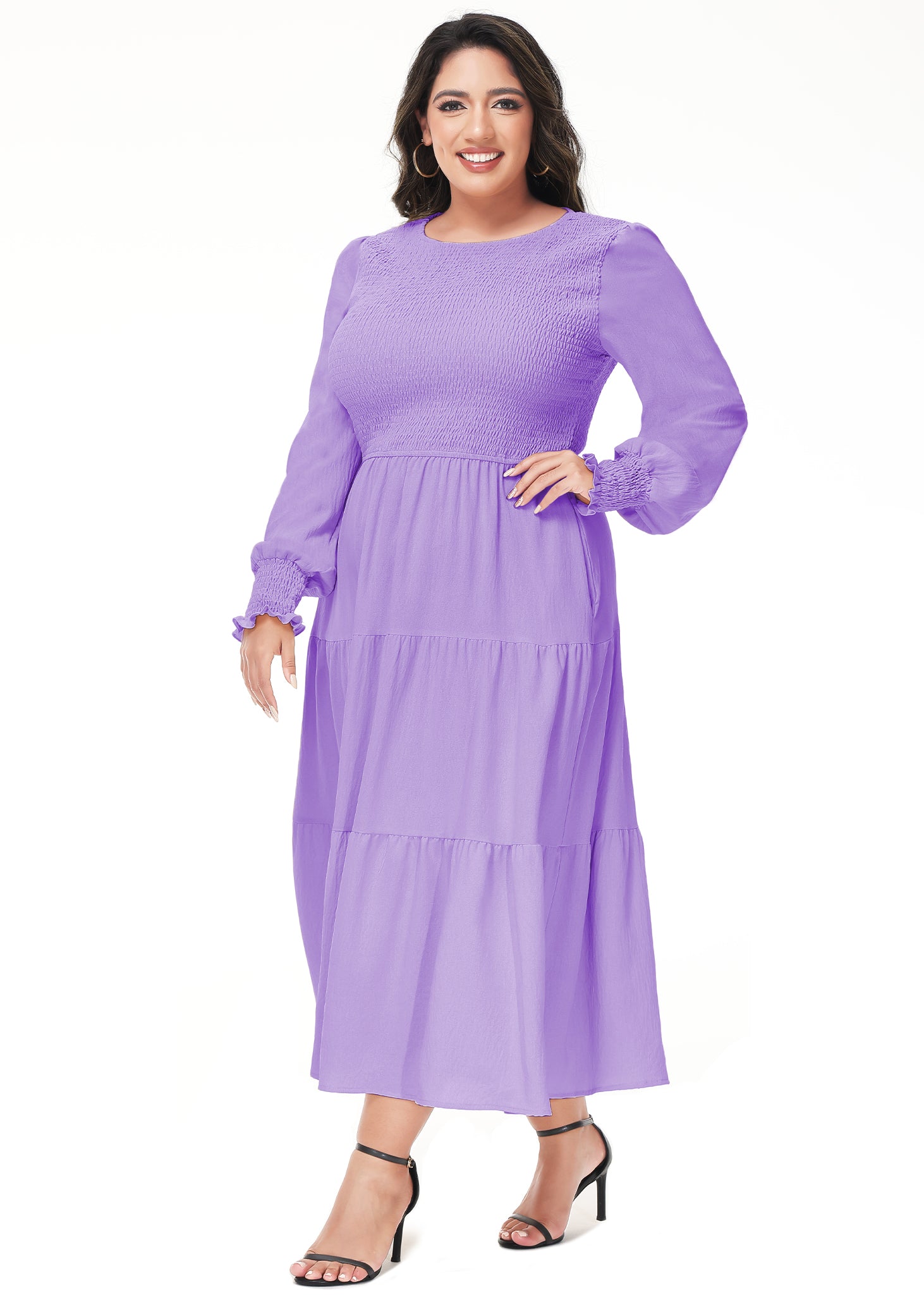 Vestido midi holgado con cuello redondo y mangas largas con frunces estilo poeta informal de talla grande para mujer de Anna-Kaci