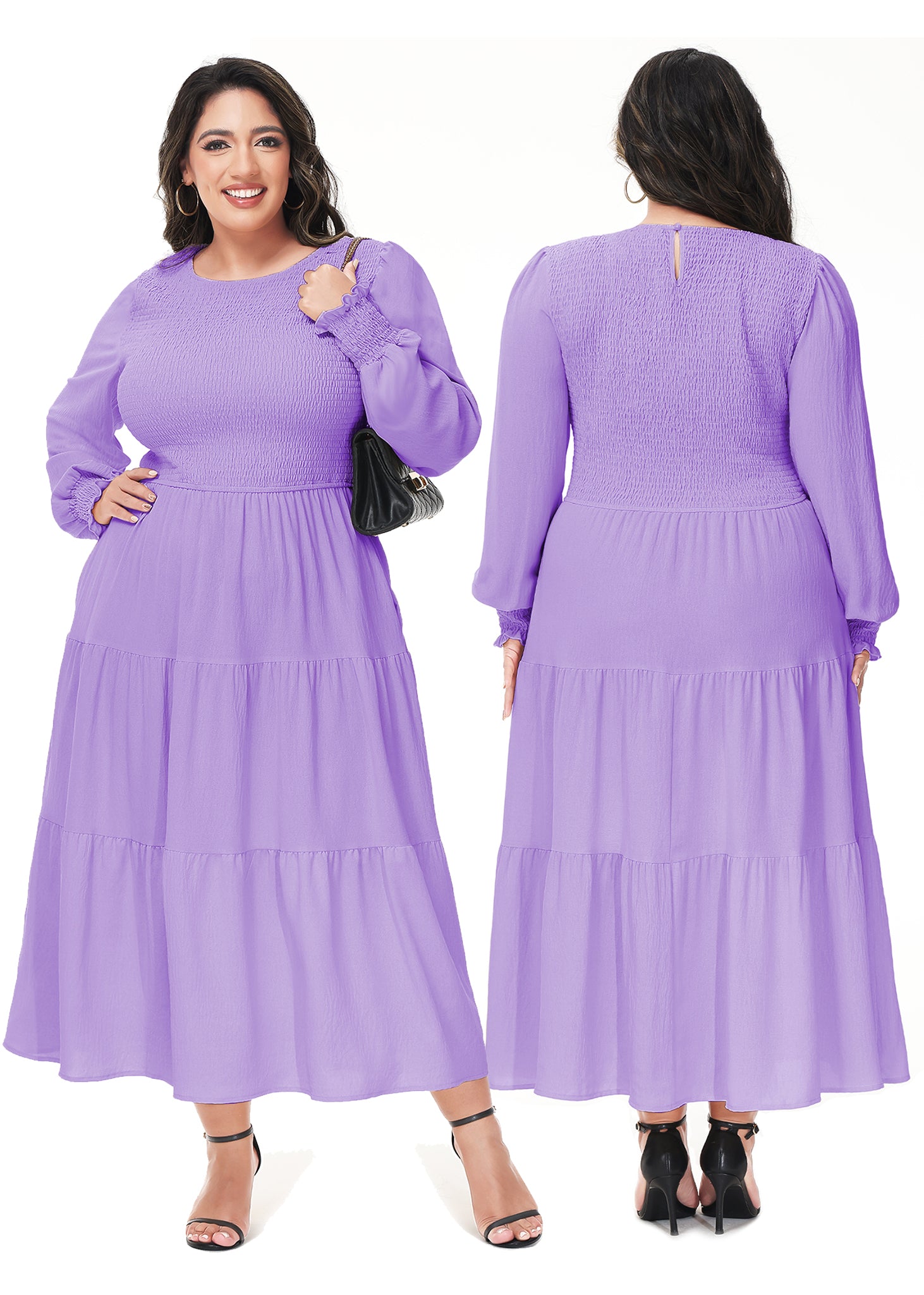 Vestido midi holgado con cuello redondo y mangas largas con frunces estilo poeta informal de talla grande para mujer de Anna-Kaci