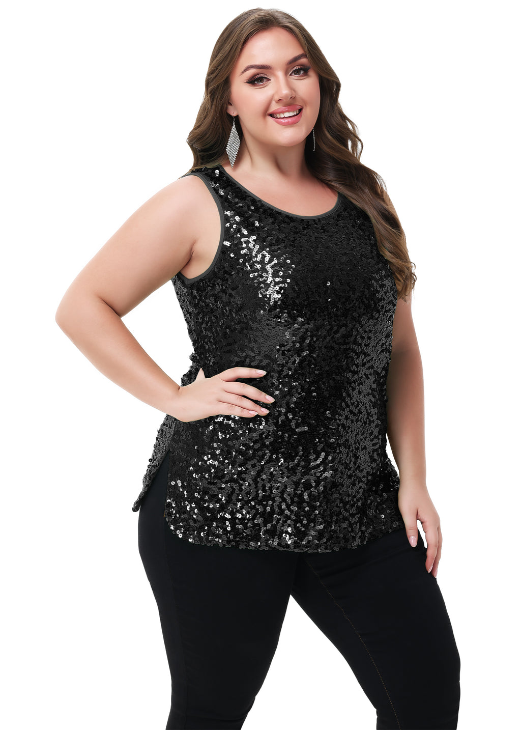 Anna-Kaci - Camiseta sin mangas con lentejuelas y brillo para mujer, talla grande
