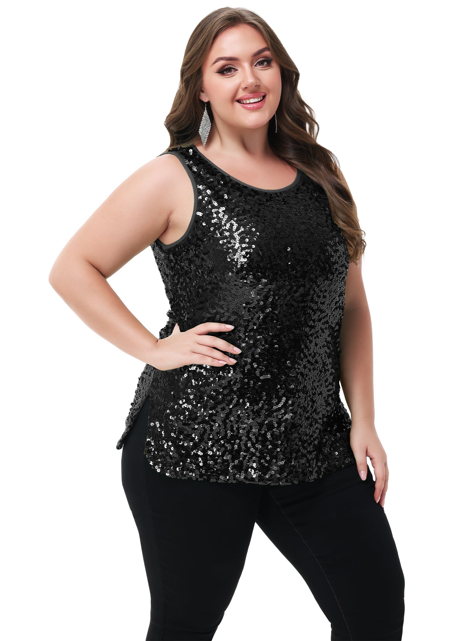 Anna-Kaci - Camiseta sin mangas con lentejuelas y brillo para mujer, talla grande