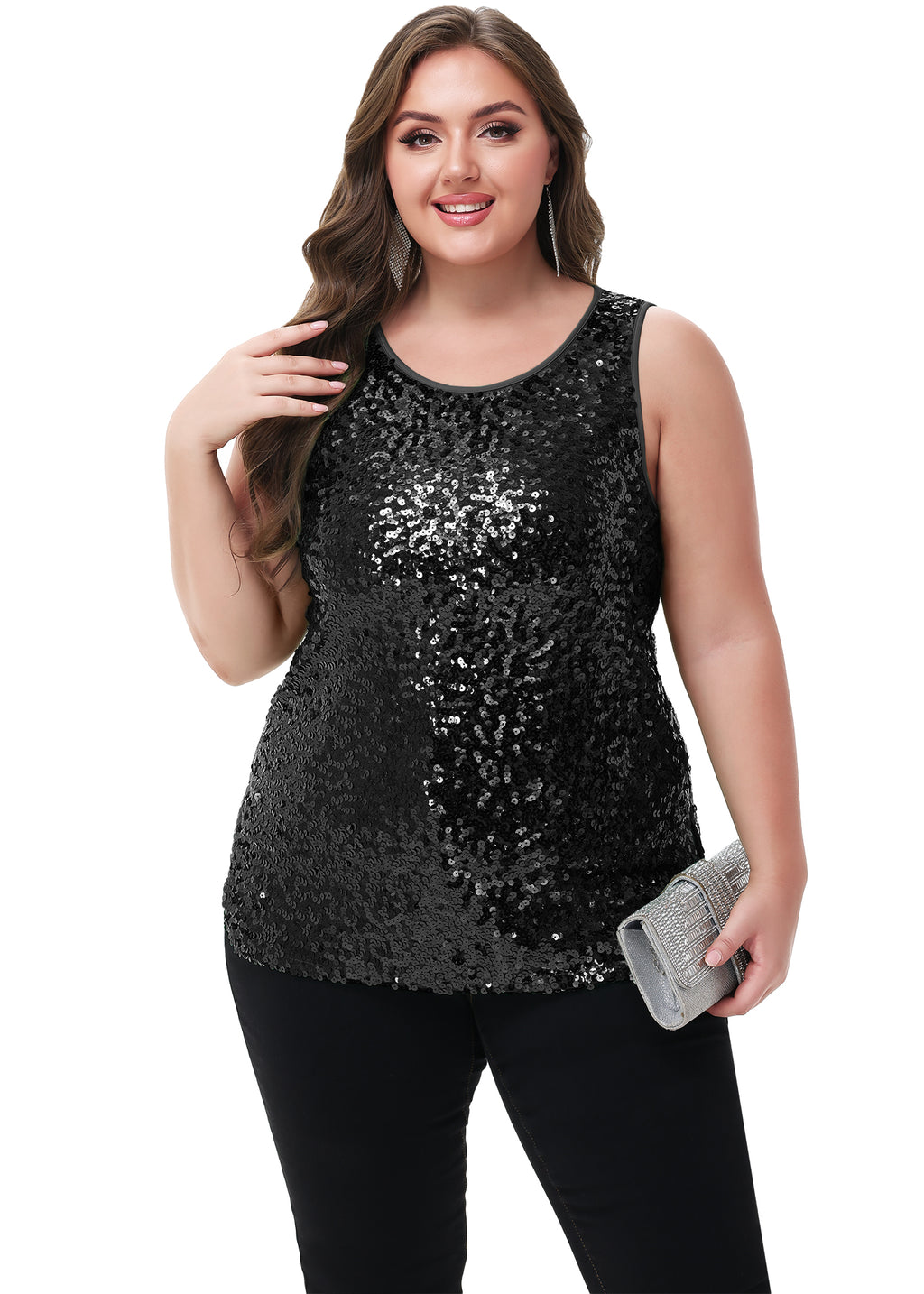 Anna-Kaci - Camiseta sin mangas con lentejuelas y brillo para mujer, talla grande