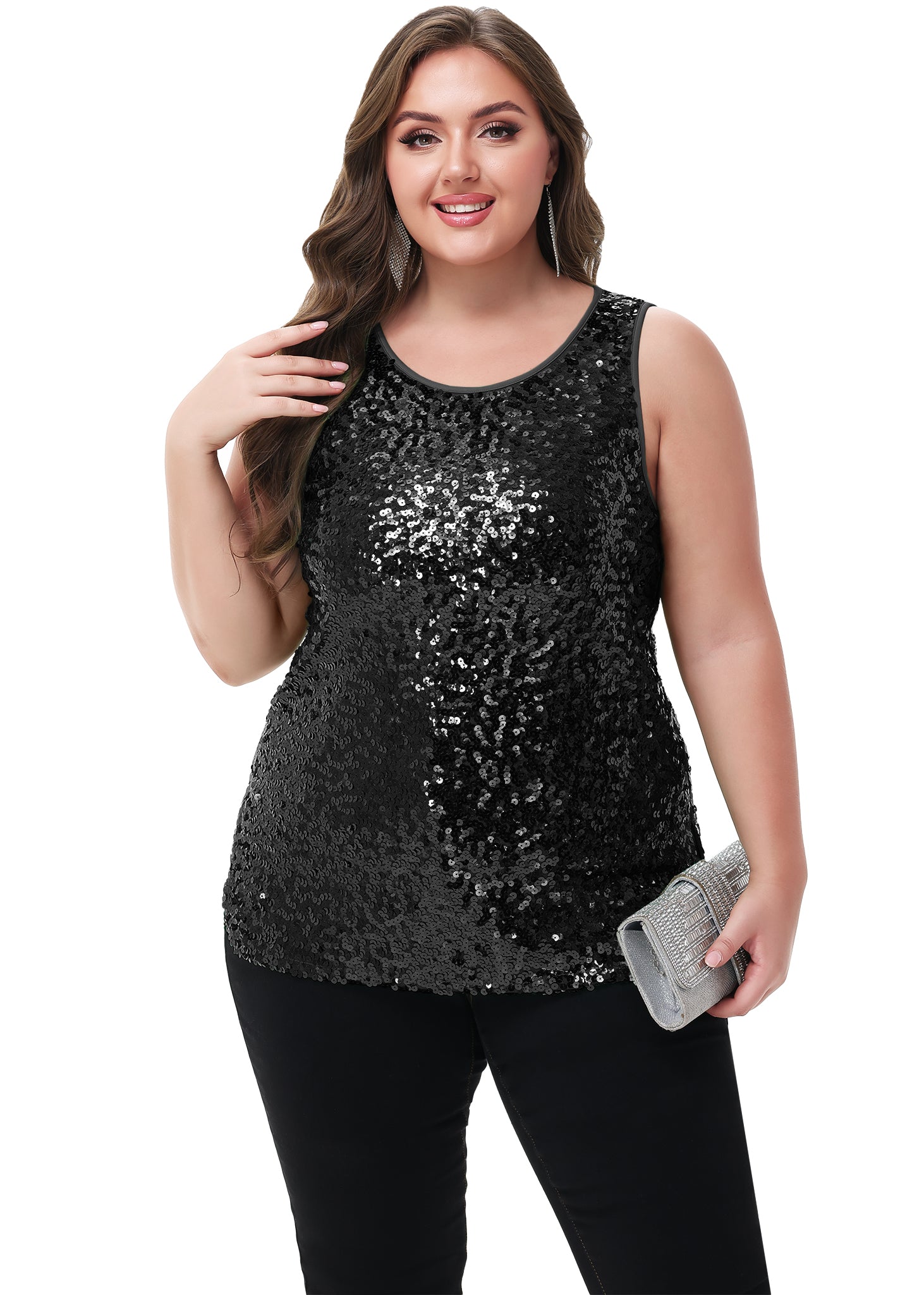 Anna-Kaci - Camiseta sin mangas con lentejuelas y brillo para mujer, talla grande