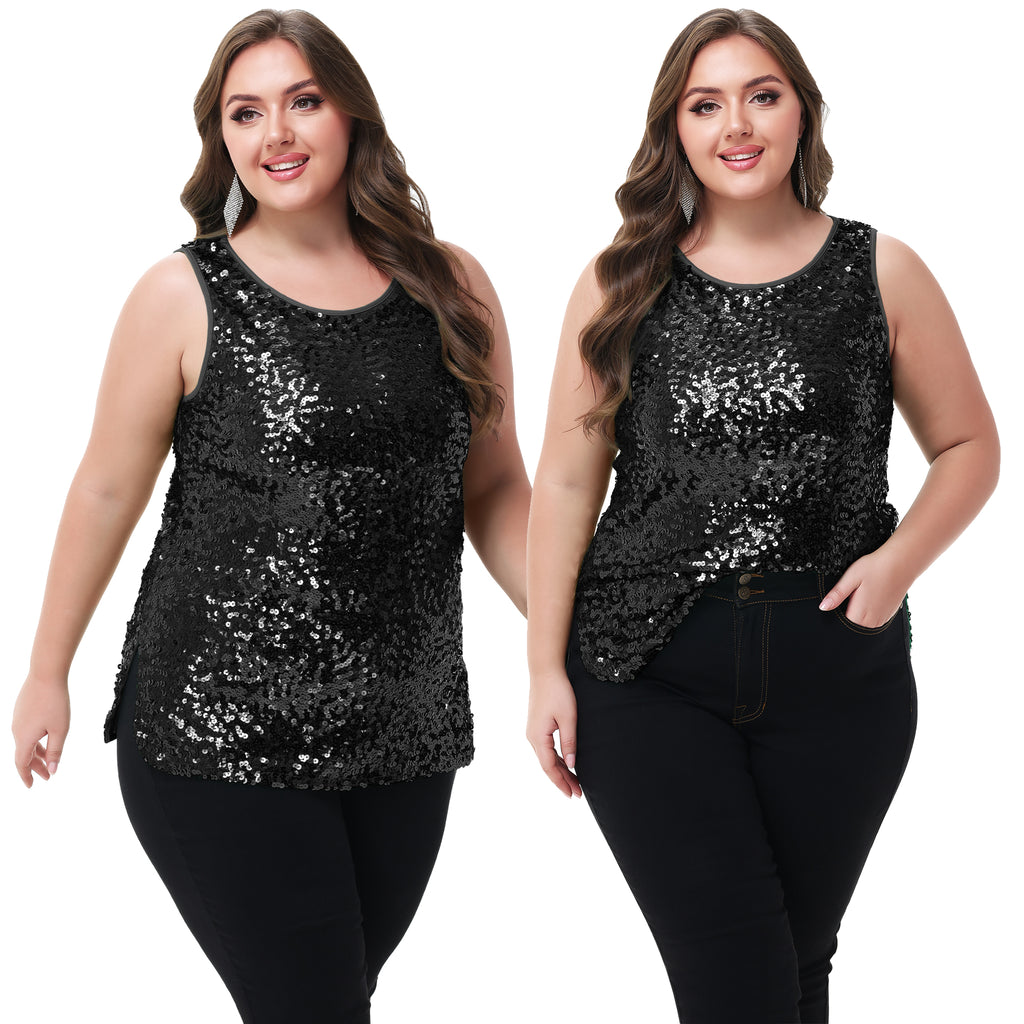 Anna-Kaci - Camiseta sin mangas con lentejuelas y brillo para mujer, talla grande
