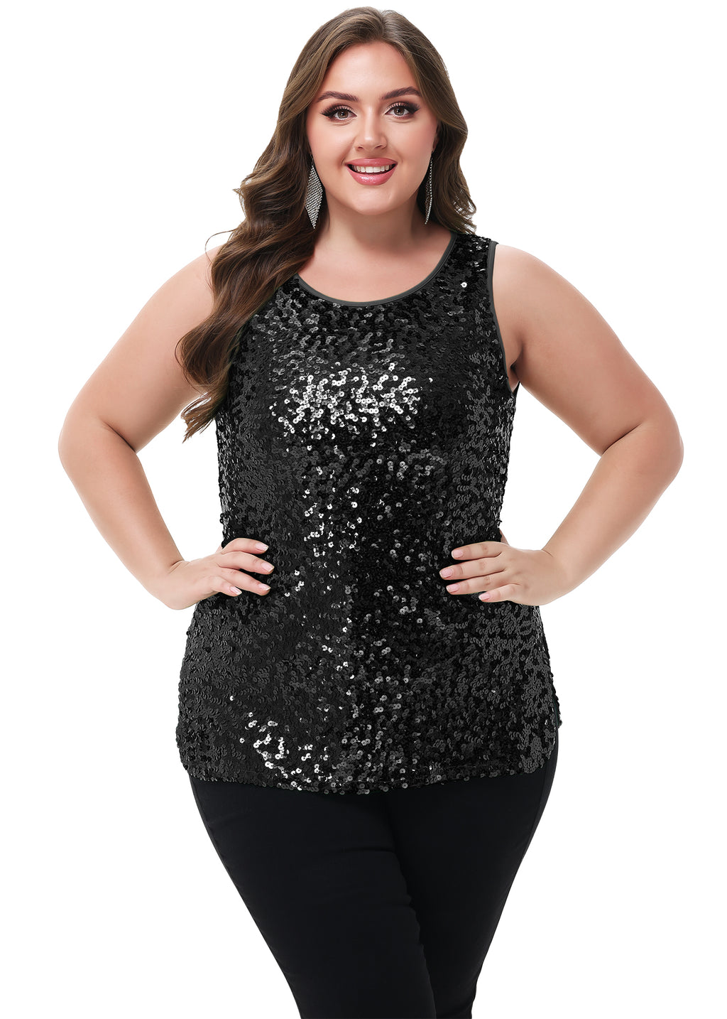 Anna-Kaci - Camiseta sin mangas con lentejuelas y brillo para mujer, talla grande