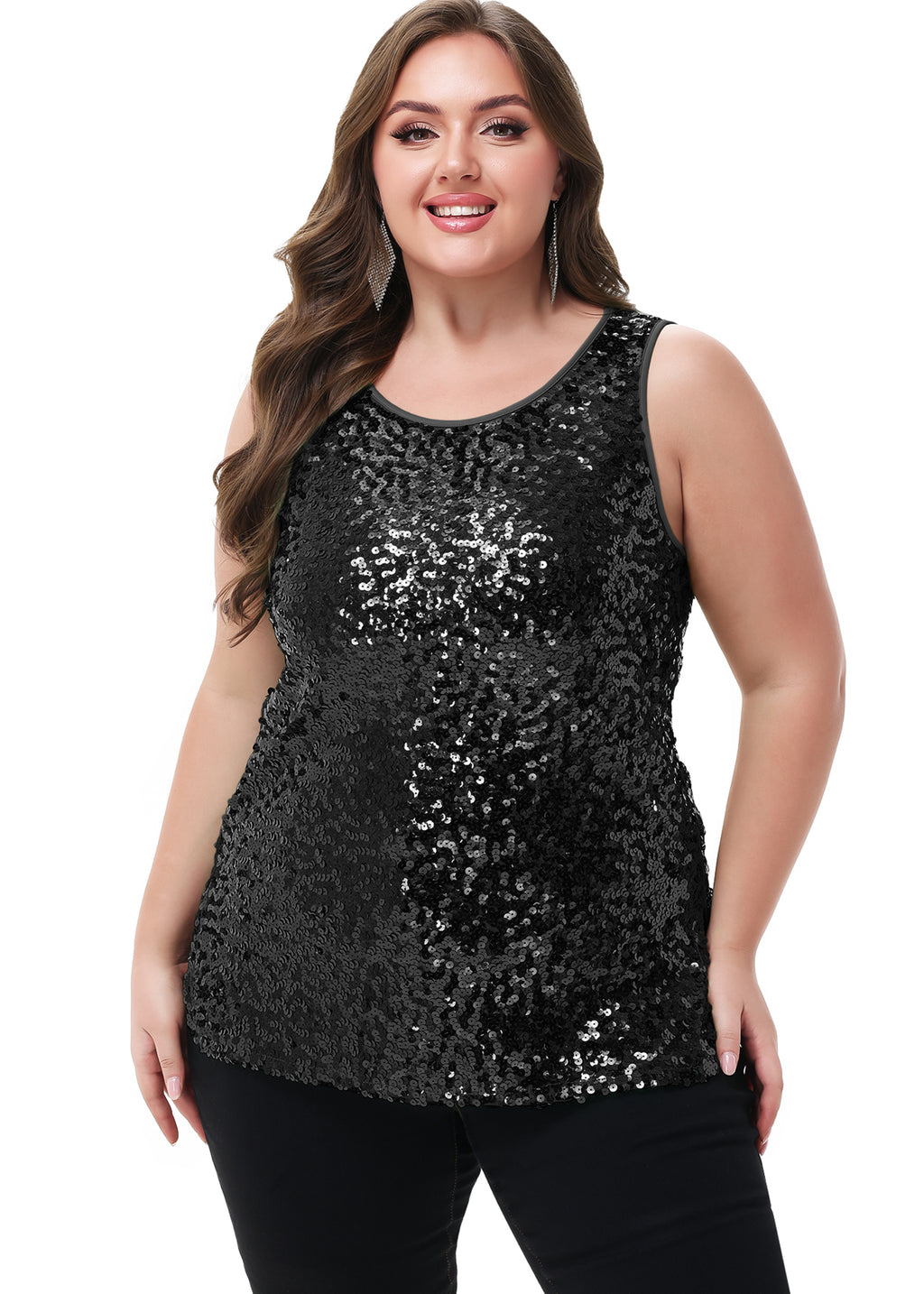 Anna-Kaci - Camiseta sin mangas con lentejuelas y brillo para mujer, talla grande
