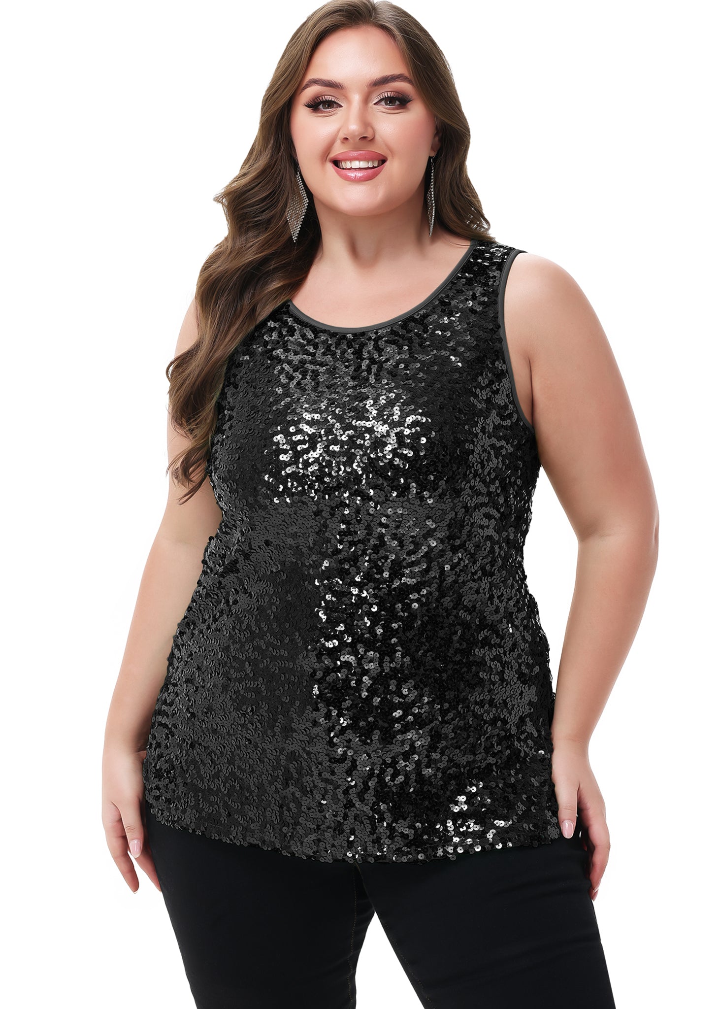 Anna-Kaci - Camiseta sin mangas con lentejuelas y brillo para mujer, talla grande