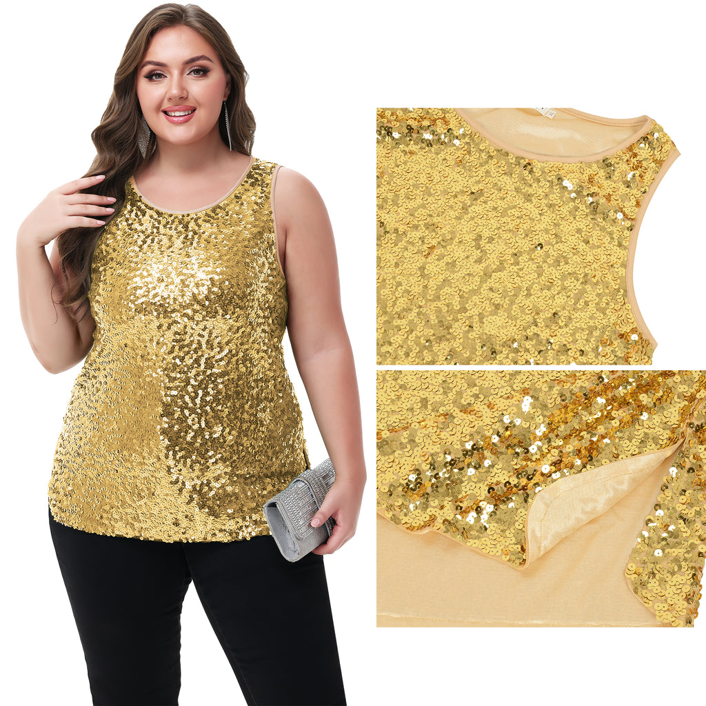 Anna-Kaci - Camiseta sin mangas con lentejuelas y brillo para mujer, talla grande