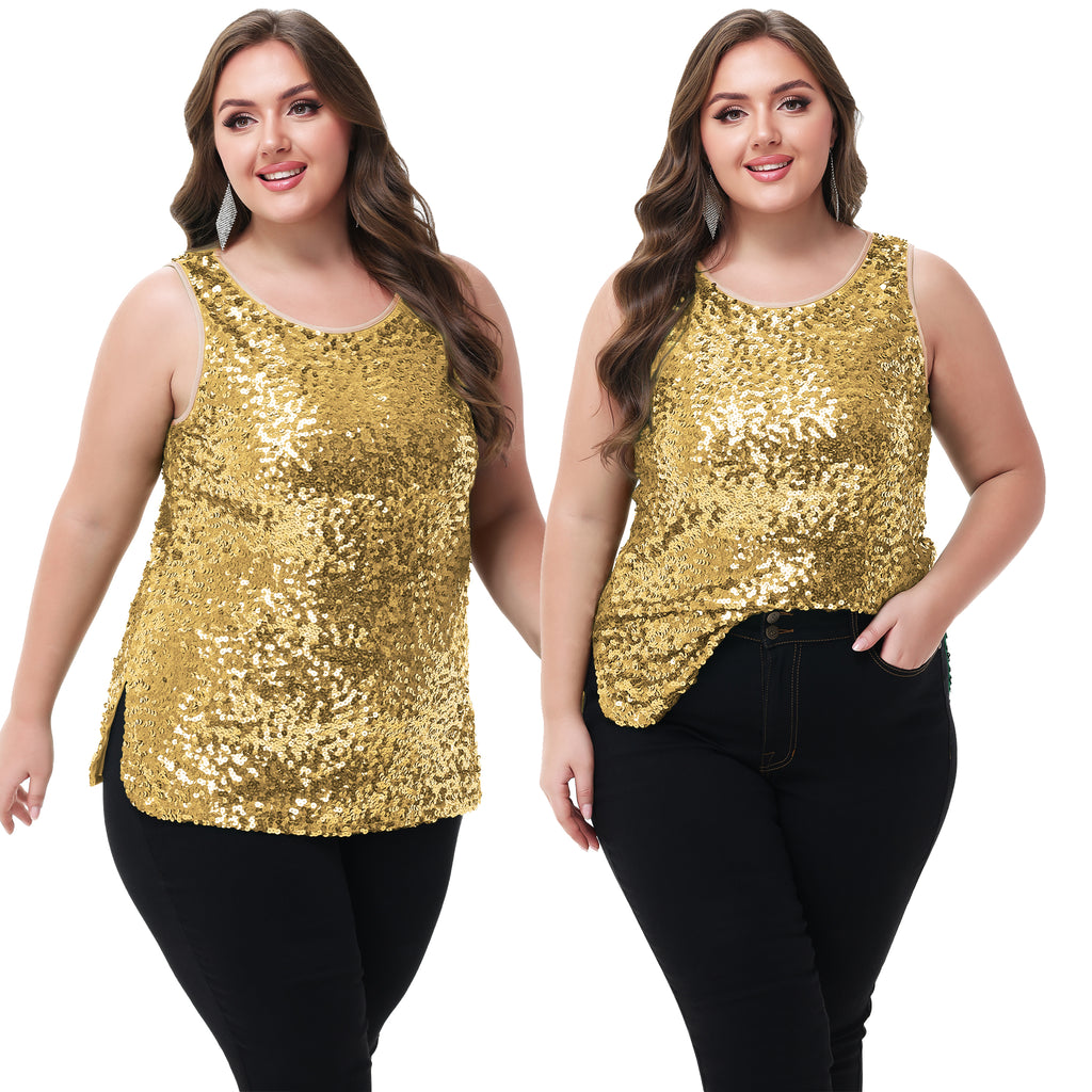 Anna-Kaci - Camiseta sin mangas con lentejuelas y brillo para mujer, talla grande
