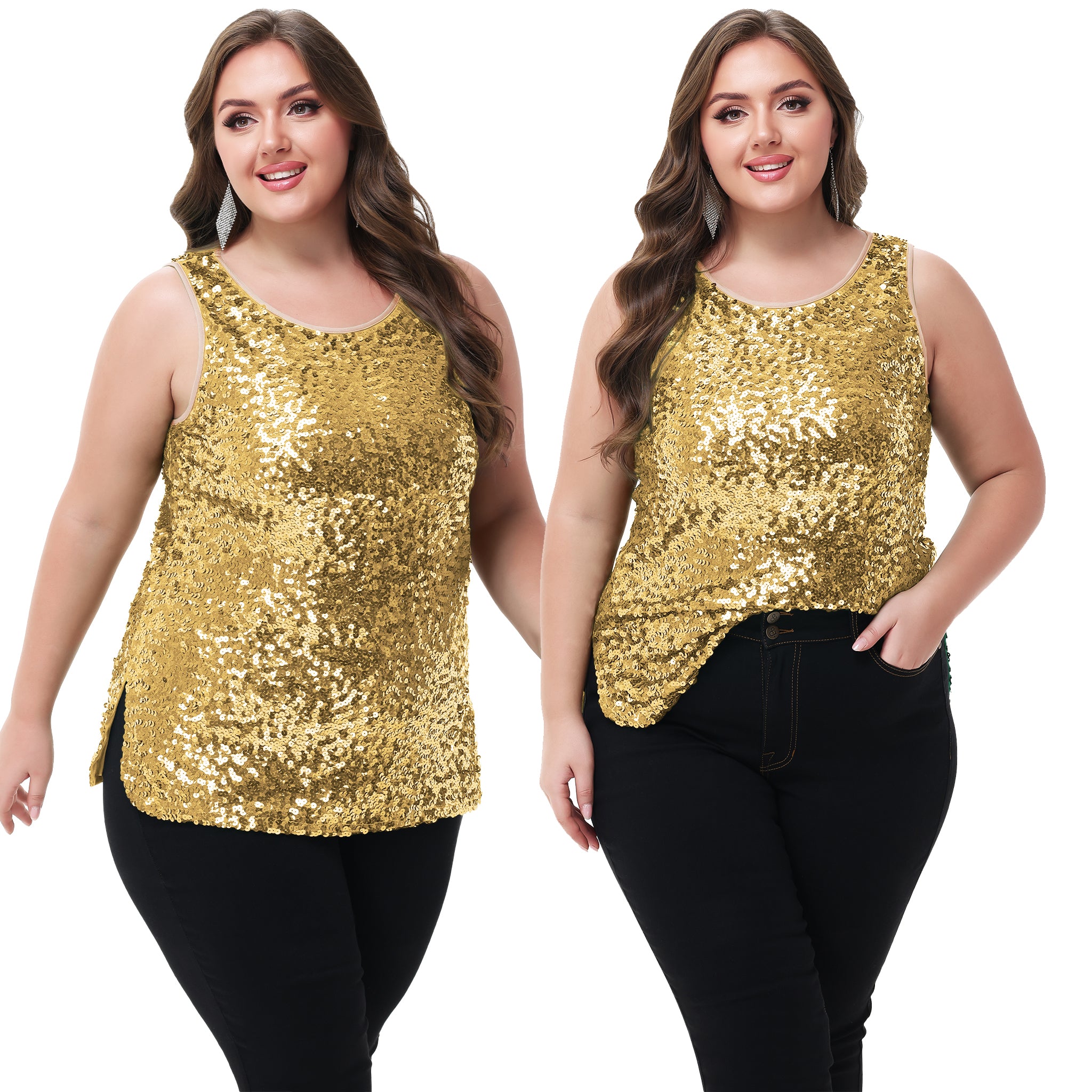 Anna-Kaci - Camiseta sin mangas con lentejuelas y brillo para mujer, talla grande