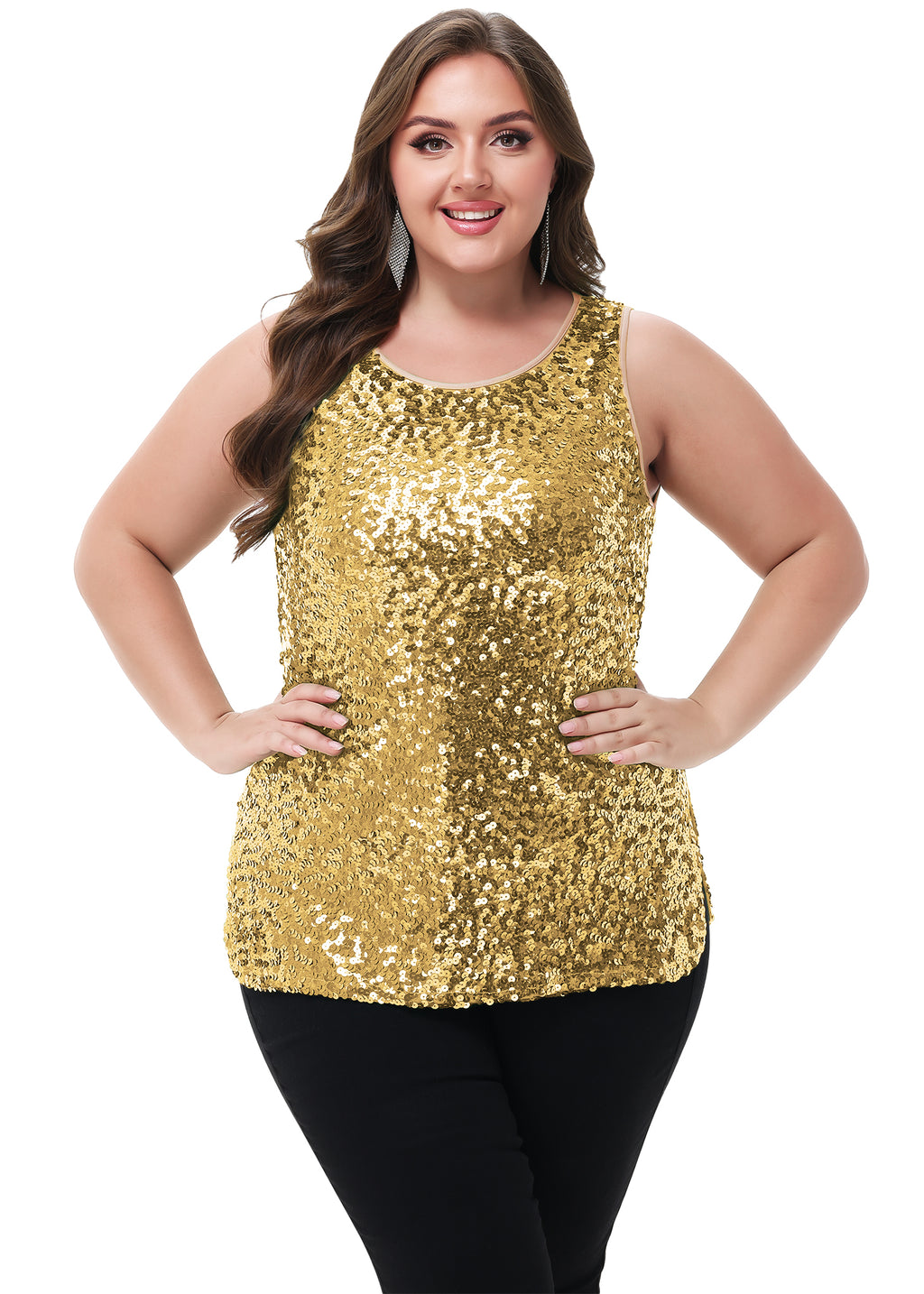 Anna-Kaci - Camiseta sin mangas con lentejuelas y brillo para mujer, talla grande
