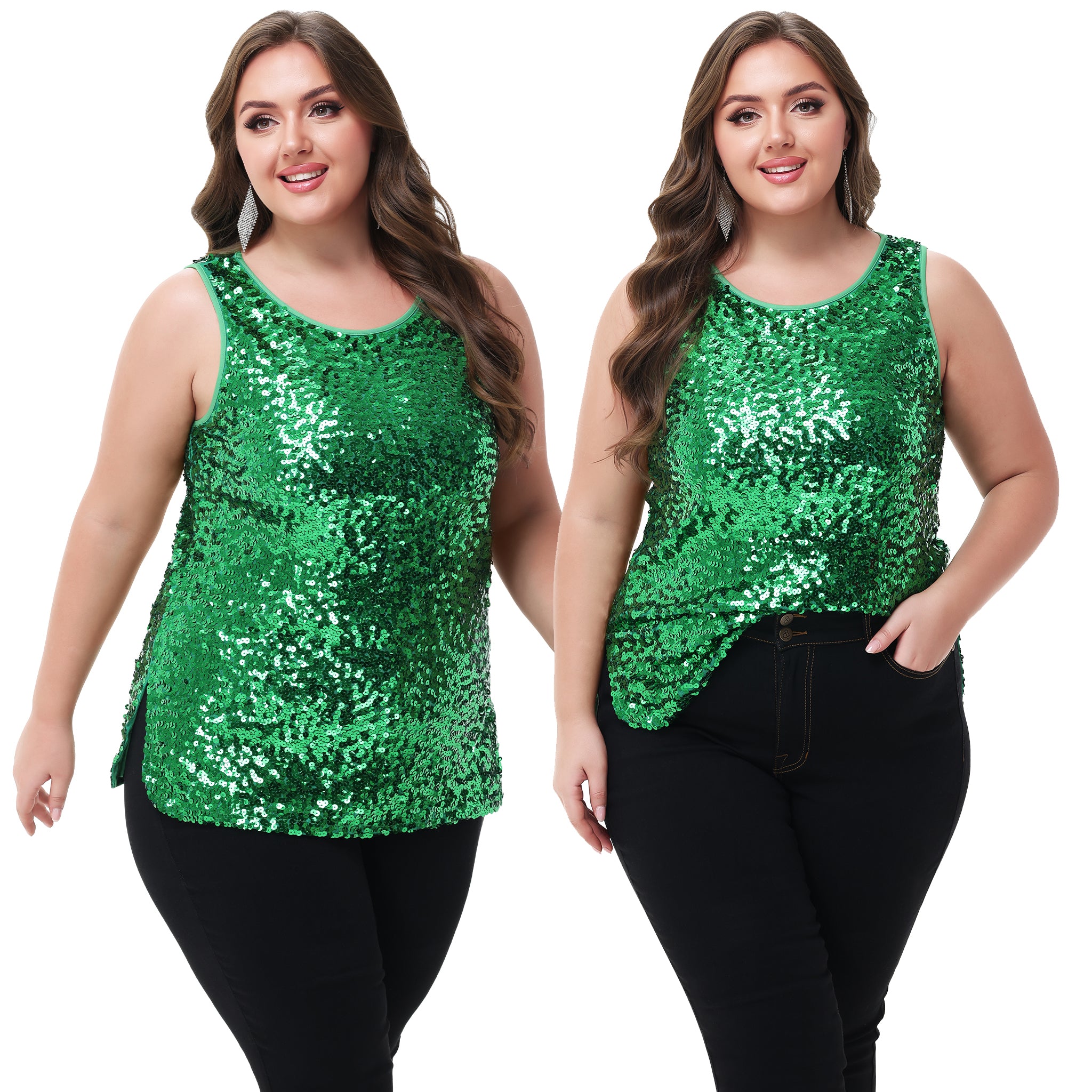 Anna-Kaci - Camiseta sin mangas con lentejuelas y brillo para mujer, talla grande