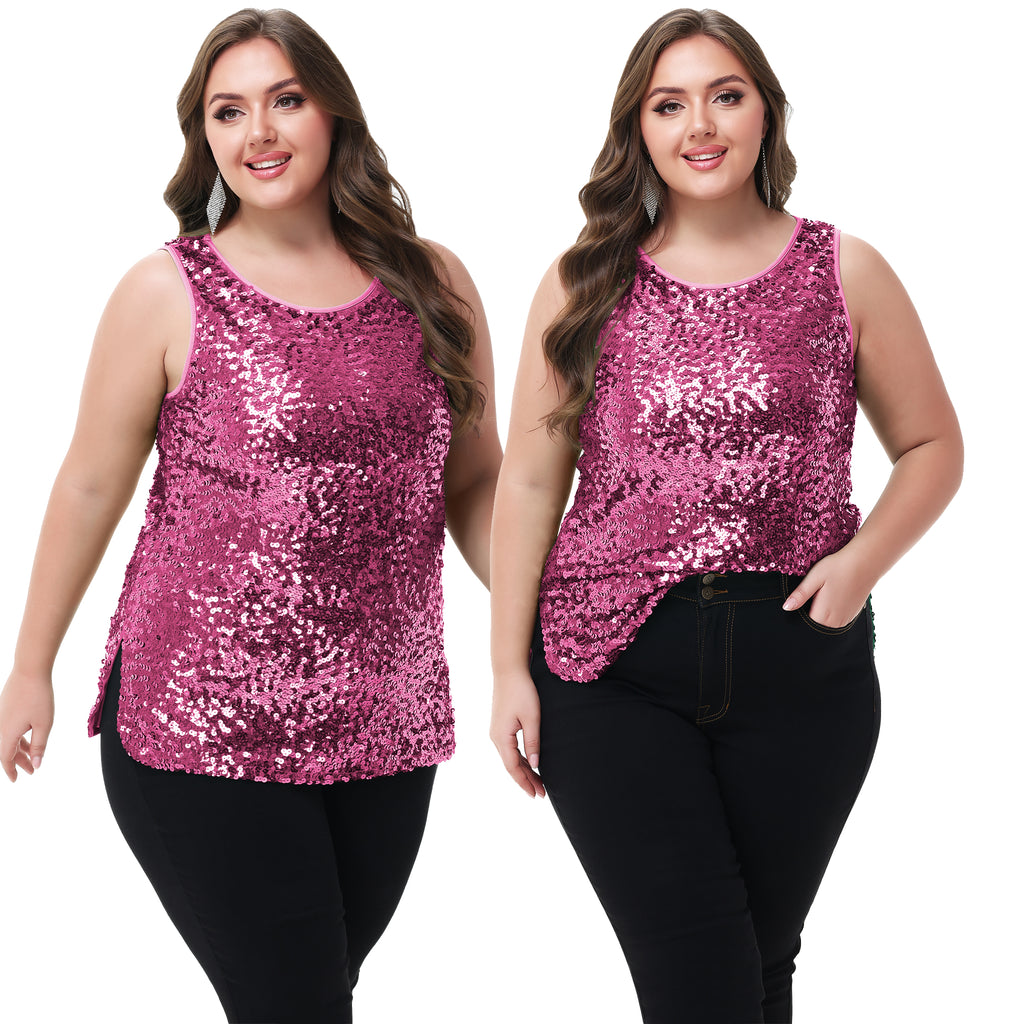 Anna-Kaci - Camiseta sin mangas con lentejuelas y brillo para mujer, talla grande