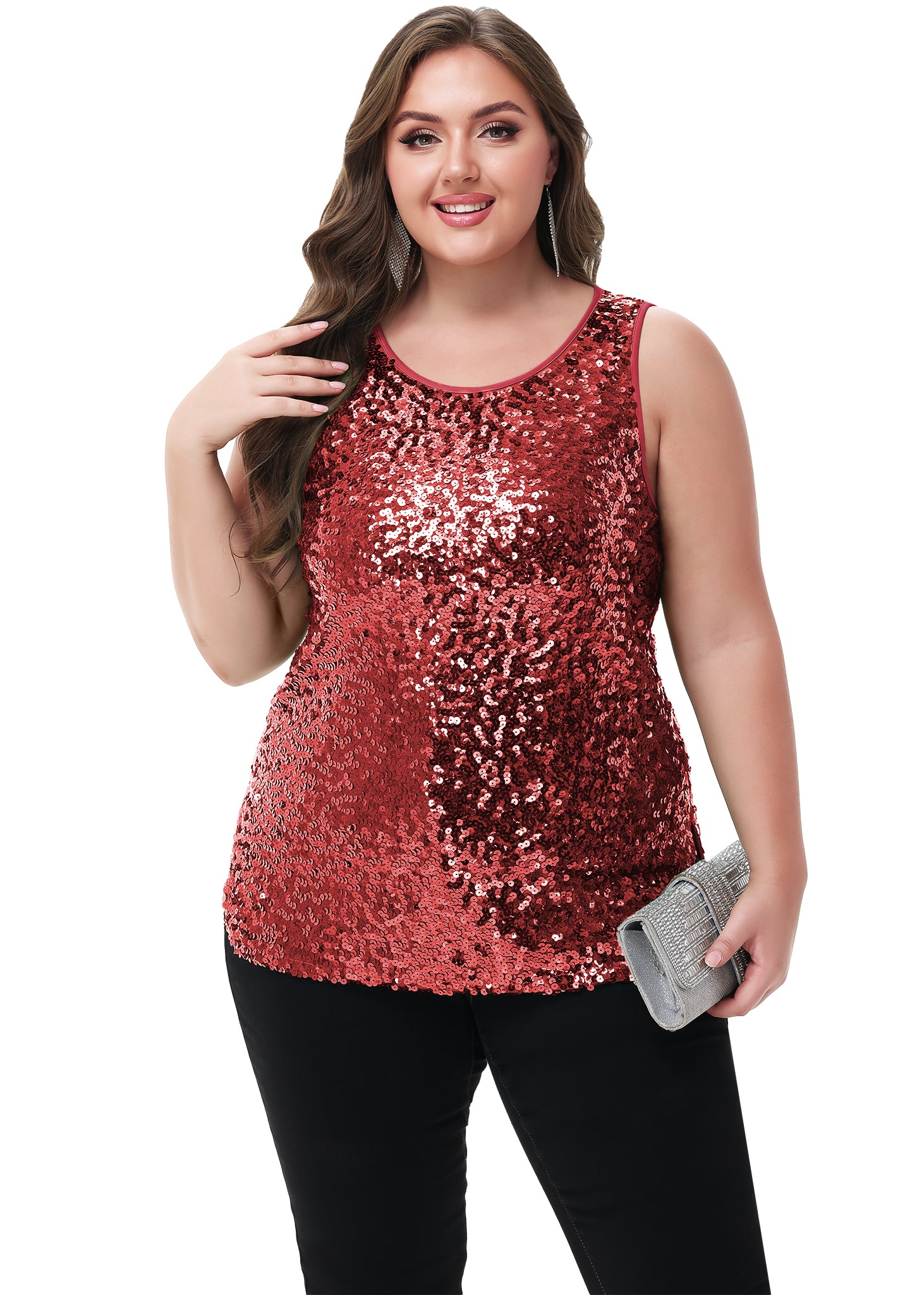 Anna-Kaci - Camiseta sin mangas con lentejuelas y brillo para mujer, talla grande