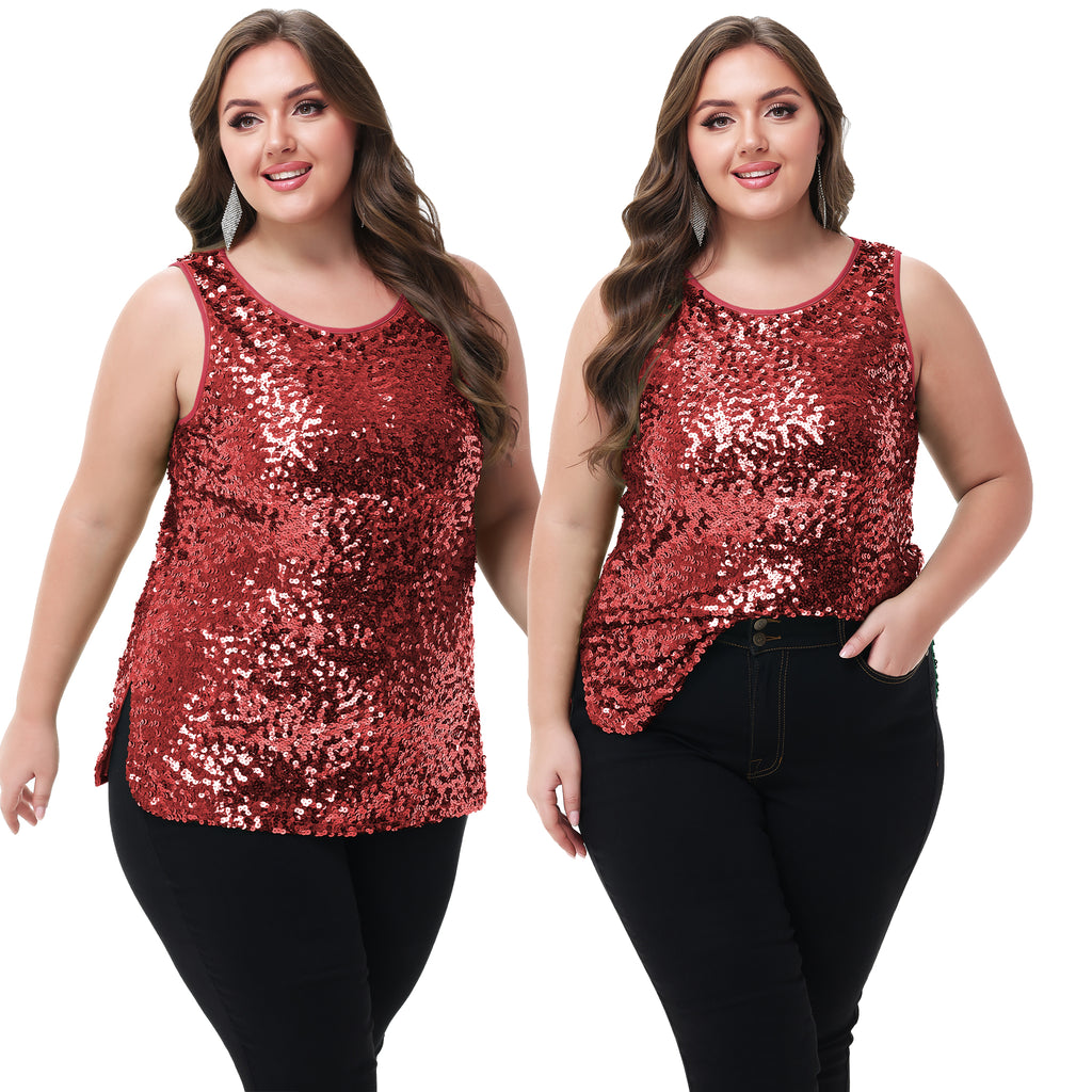 Anna-Kaci - Camiseta sin mangas con lentejuelas y brillo para mujer, talla grande