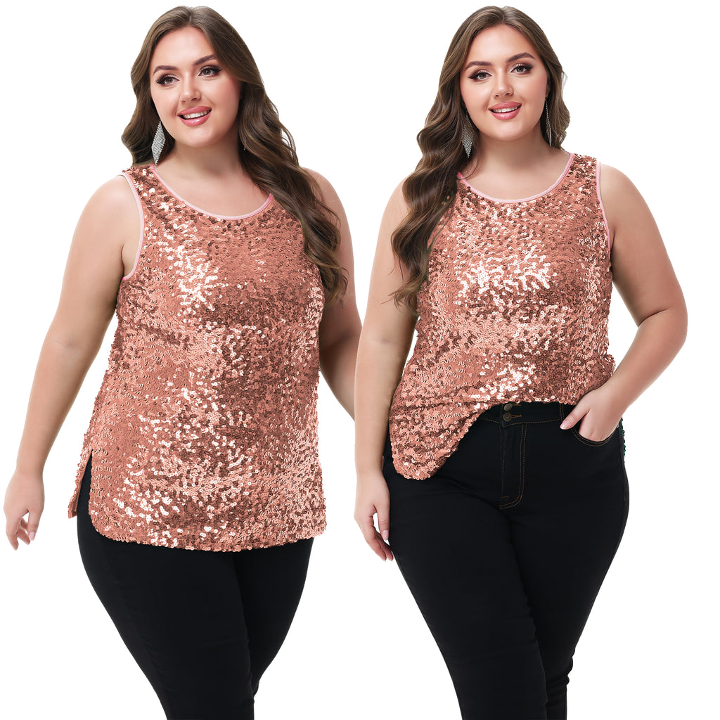 Anna-Kaci - Camiseta sin mangas con lentejuelas y brillo para mujer, talla grande