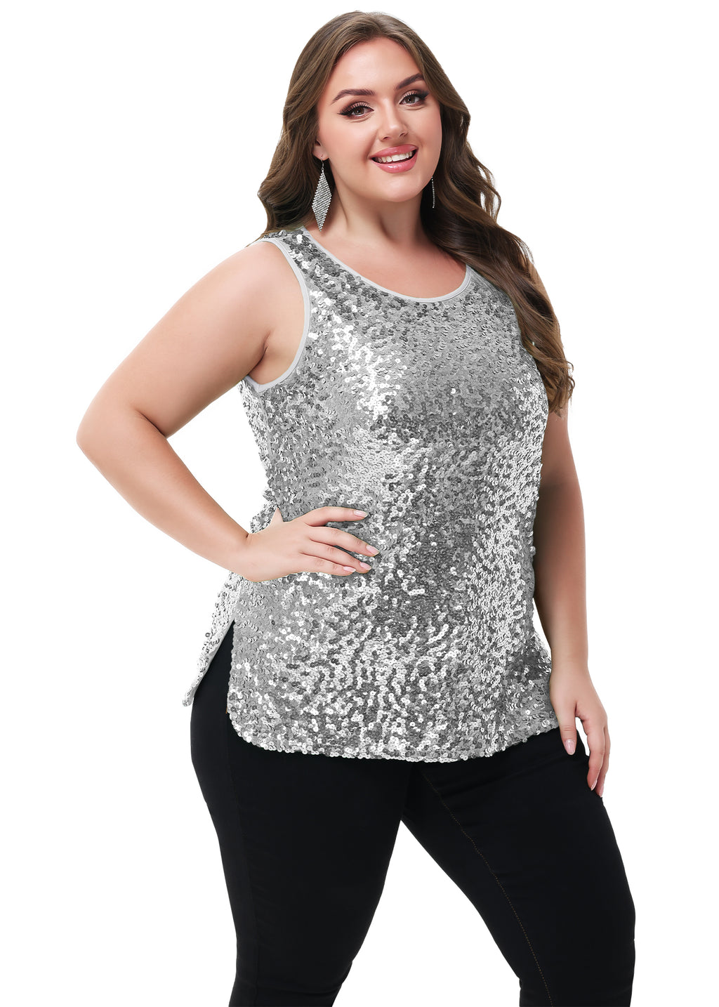 Anna-Kaci - Camiseta sin mangas con lentejuelas y brillo para mujer, talla grande