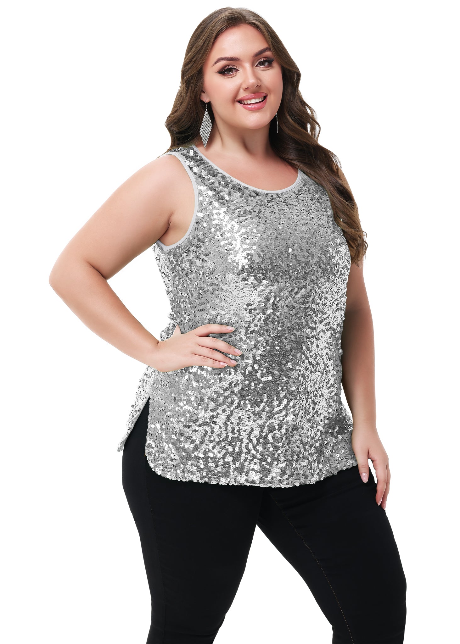 Anna-Kaci - Camiseta sin mangas con lentejuelas y brillo para mujer, talla grande
