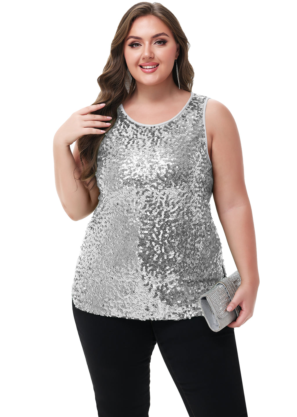 Anna-Kaci - Camiseta sin mangas con lentejuelas y brillo para mujer, talla grande