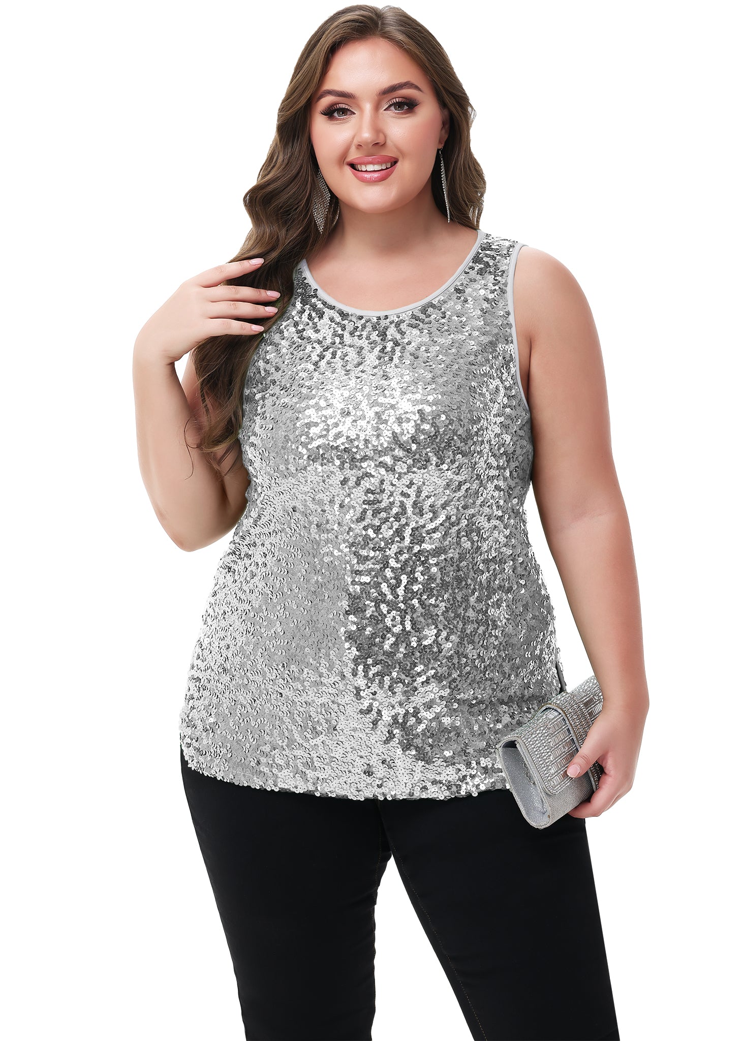 Anna-Kaci - Camiseta sin mangas con lentejuelas y brillo para mujer, talla grande