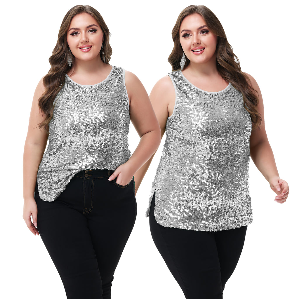 Anna-Kaci - Camiseta sin mangas con lentejuelas y brillo para mujer, talla grande