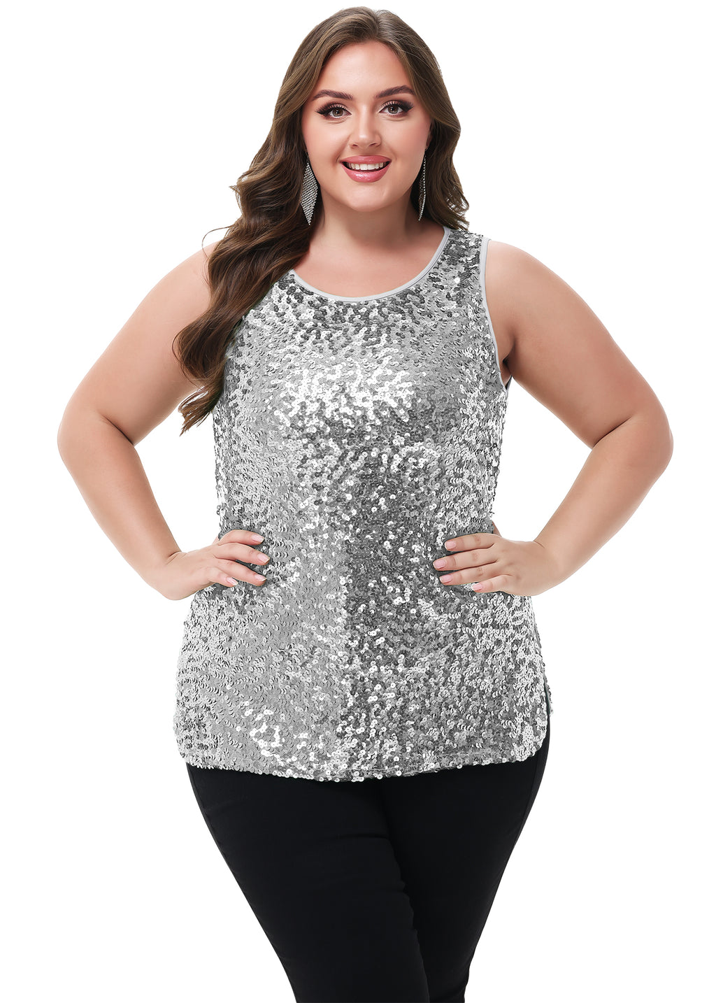 Anna-Kaci - Camiseta sin mangas con lentejuelas y brillo para mujer, talla grande