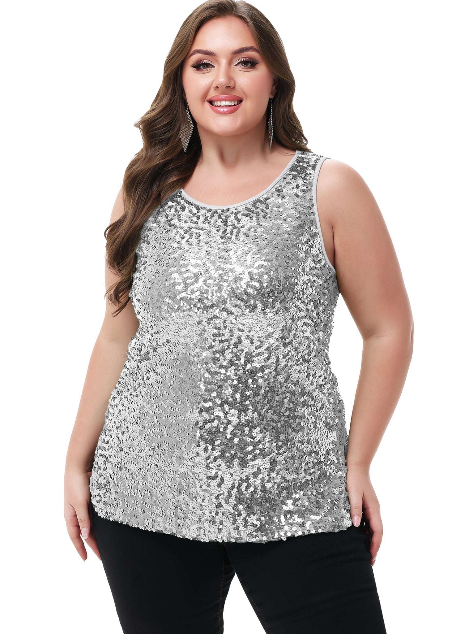 Anna-Kaci - Camiseta sin mangas con lentejuelas y brillo para mujer, talla grande